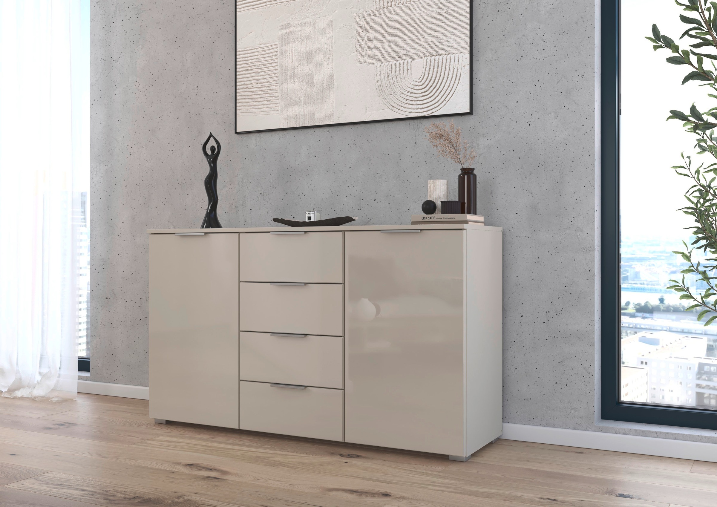 OTTO home Kombikommode "Sideboard Kombikommode Schubladenkommode AGORDO mit Glasfront" in zwei Griff-Farben, Breite 120 cm, vier große Schubladen, mit insgesamt 4 Einlegeböden MADE IN GERMANY