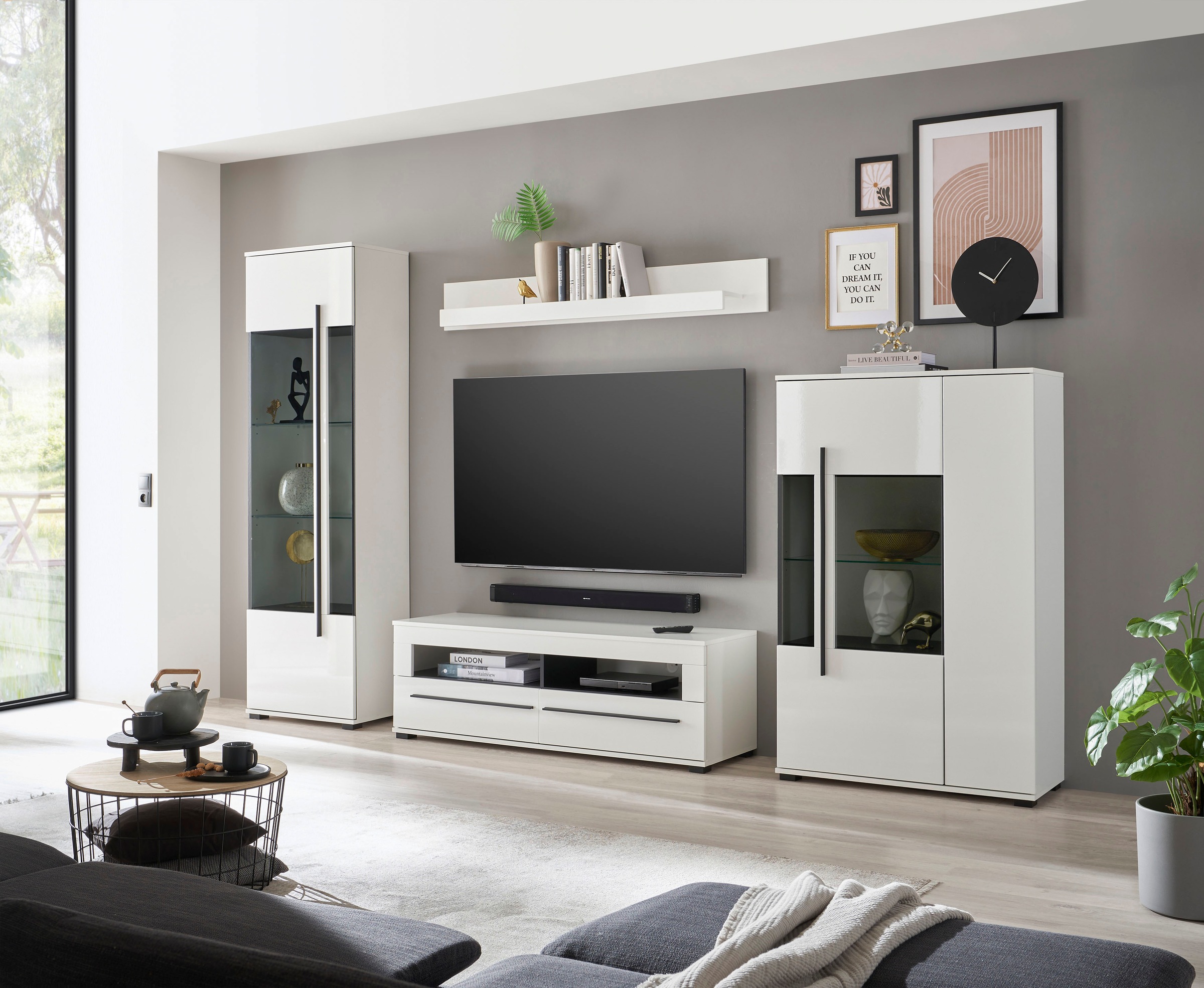 INOSIGN Wohnwand »Cantara, moderne Anbauwand, Wohnzimmer-Set, in Eiche Evoke oder Weiss«, (Set), enthält zwei Vitrinen, ein Lowboard und ein Wandboard