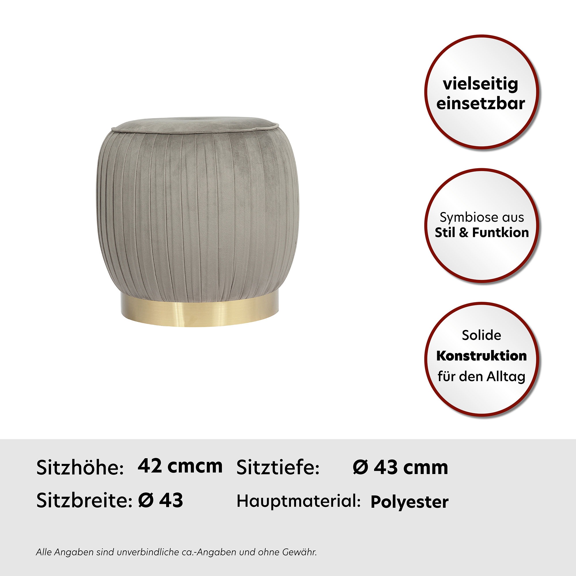 Kayoom Polsterhocker »Hocker Lyla 125, Edler Touch durch goldfarbenenen Sockel, Samtbezug«, (1 St.), samtweich, gesteppte Ziernaht, Edelstahlsockel, Hochwertiger Samtbezug