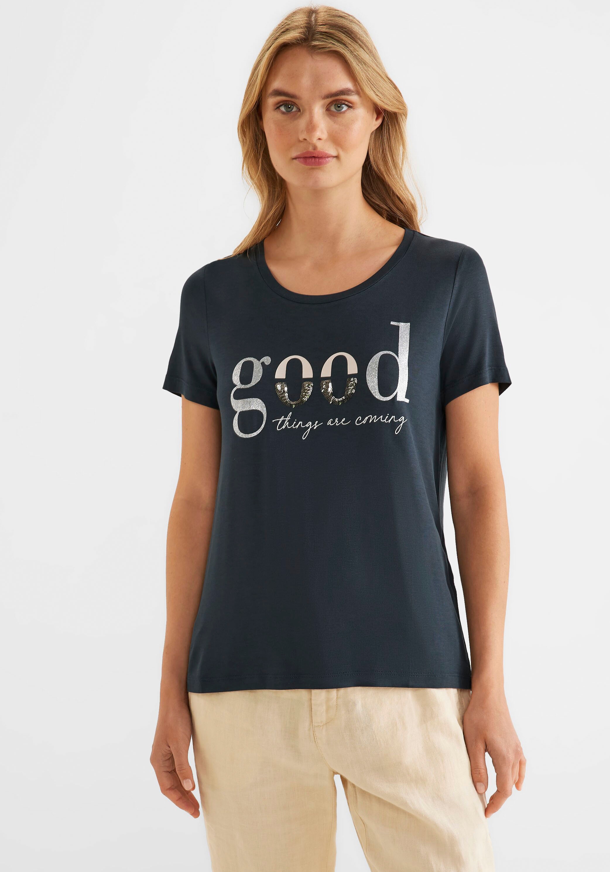 STREET ONE Schweiz kaufen T-Shirt, und bei online Schimmerdetails mit Wording Jelmoli-Versand