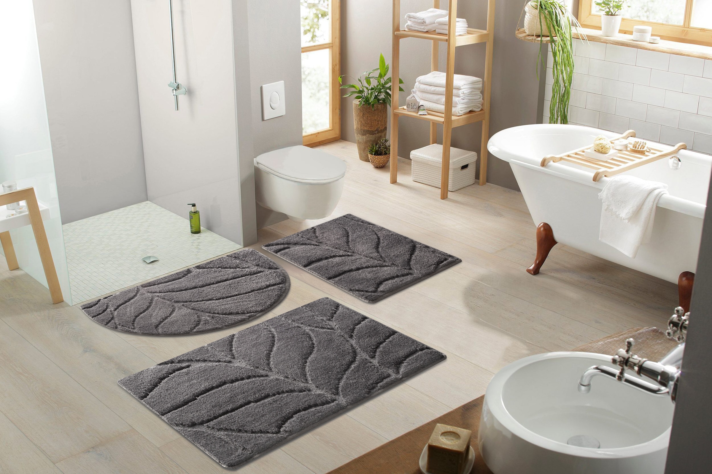my home Badematte »Epense, Badvorleger, Badezimmer Teppich, Duschvorleger«, rutschhemmend beschichtet, fussbodenheizungsgeeignet-schnell trocknend, Badteppich, Uni Farben, Blätter, Blattstruktur, Hoch-Tief Effekt