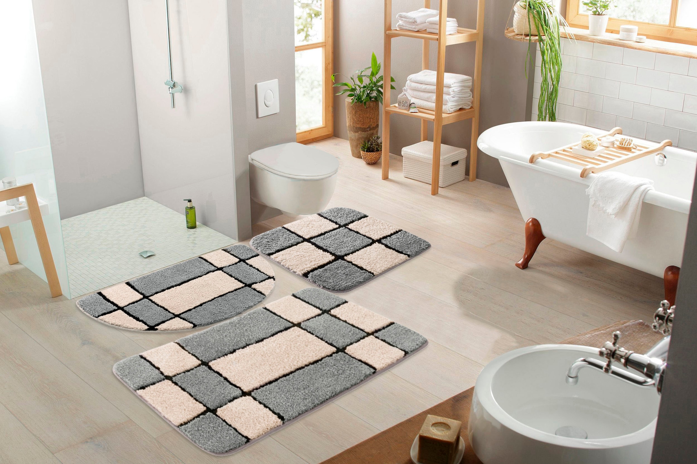 my home Badematte »Melli«, rutschhemmend beschichtet, fussbodenheizungsgeeignet, Badteppich, mit Muster, karierte Badematte