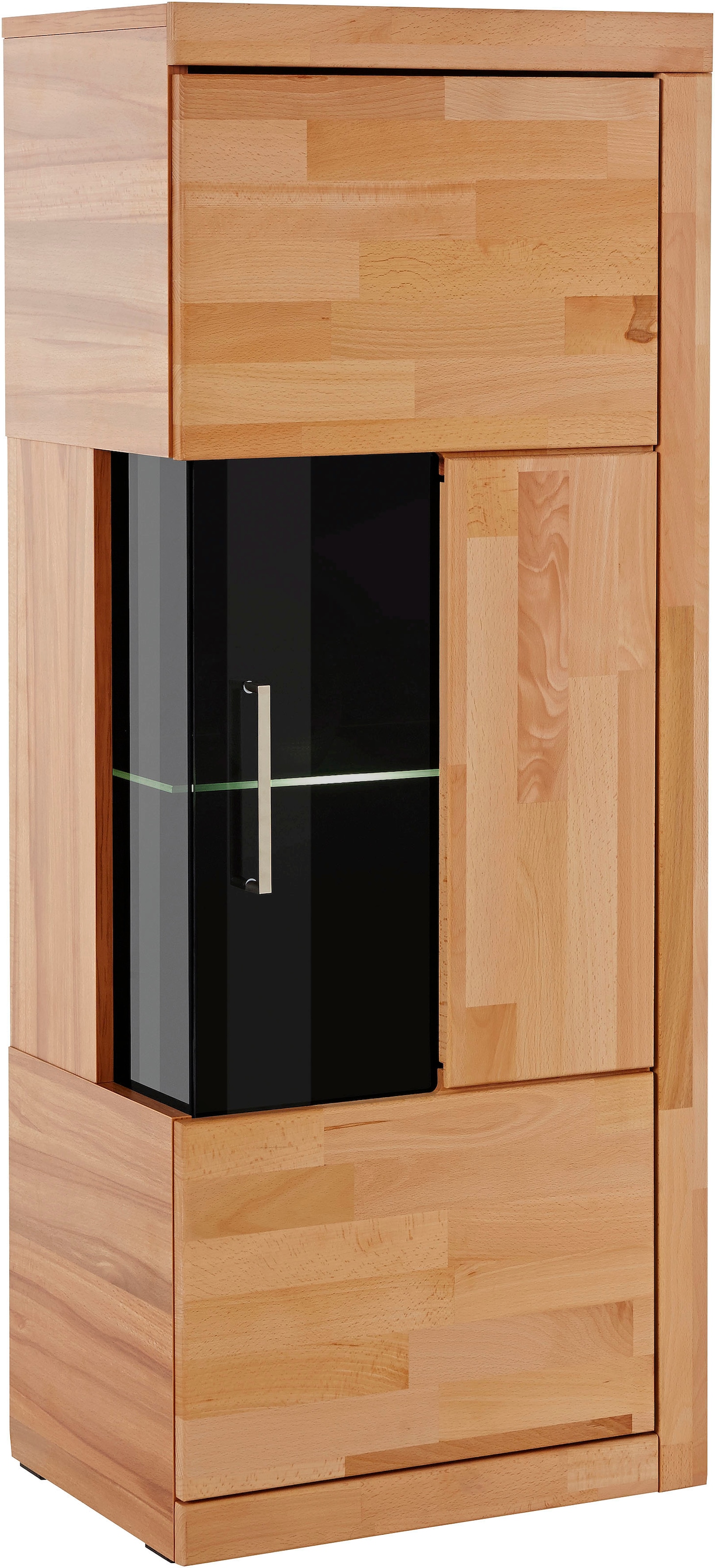 Home affaire Vitrine »Ribe,125cm hoch,4 Fächer,1Glasboden variabel einsetzbar«, Massivholz, Holzwerkstoff,dunkles gehärtetes Glas, Metall Griffe