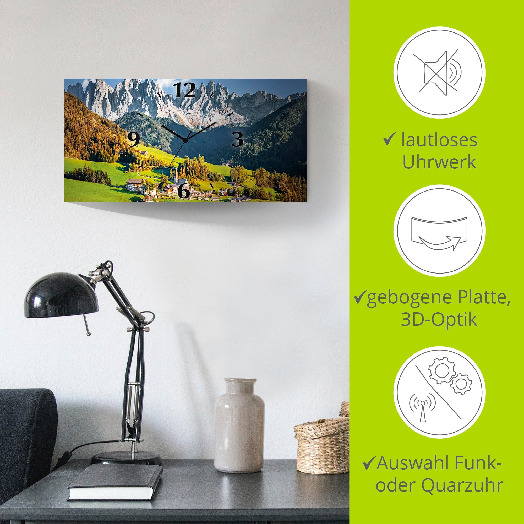 Artland Wanduhr »Alpen Berge Santa Maddalena«, 3D Optik gebogen, mit Quarz- oder Funkuhrwerk, versch. Grössen