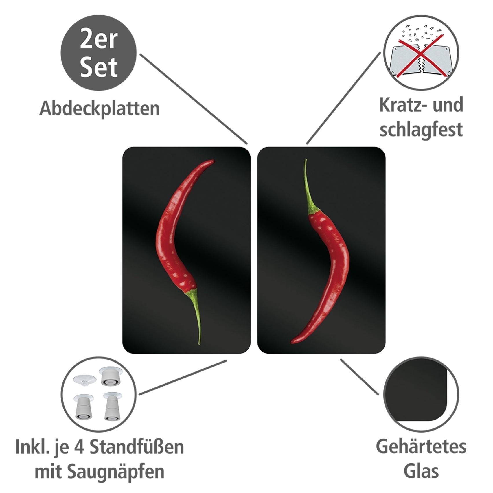 WENKO Herd-Abdeckplatte »Universal Modell Hot Peperoni«, (Set, 2 tlg.), Herdabdeckung für alle Herdarten, kratzfest, mit rutschfesten Füssen