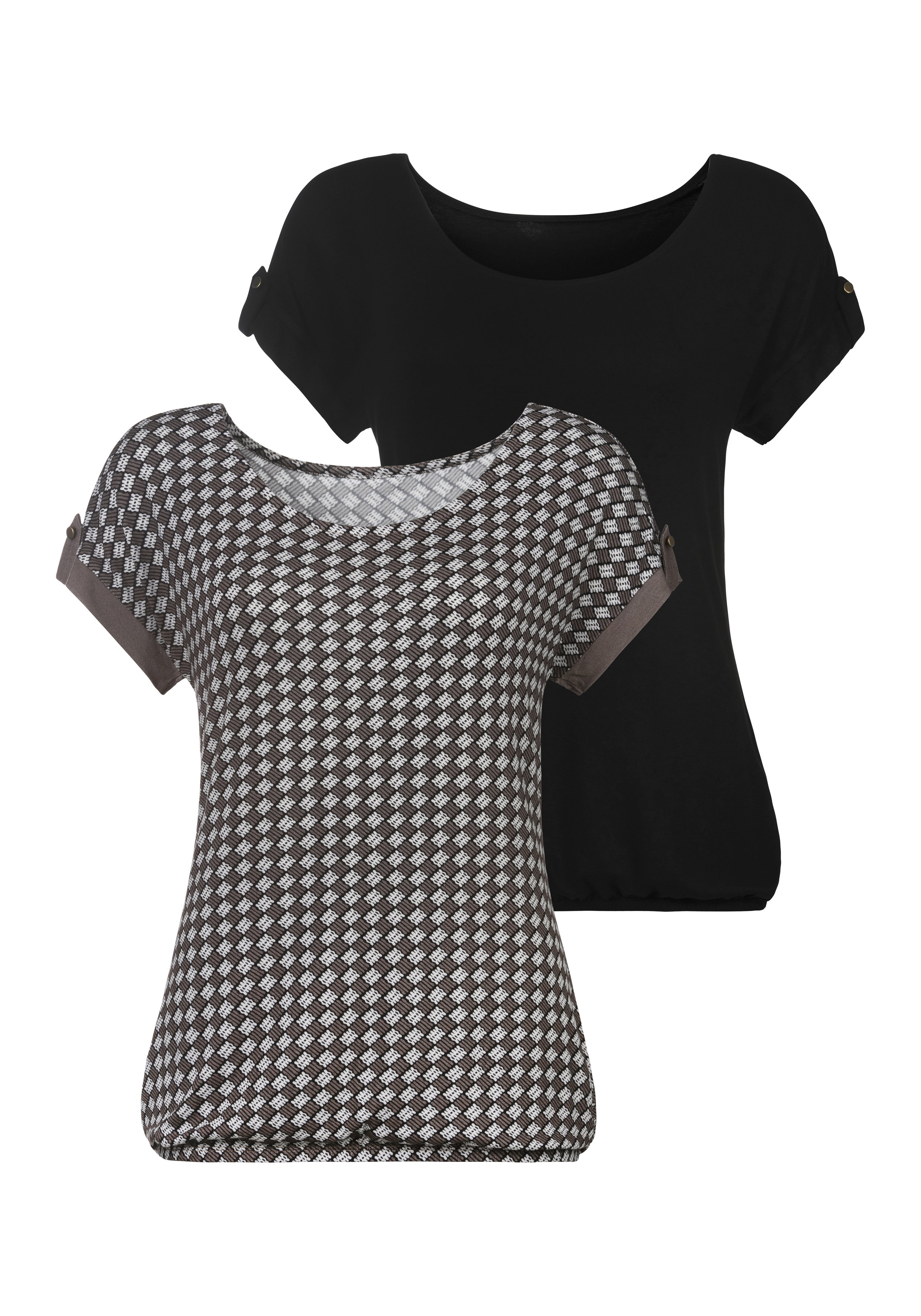 T-Shirt, (2er-Pack), mit kleinem Beleg und goldfarbenen Knopf am Ärmelsaum