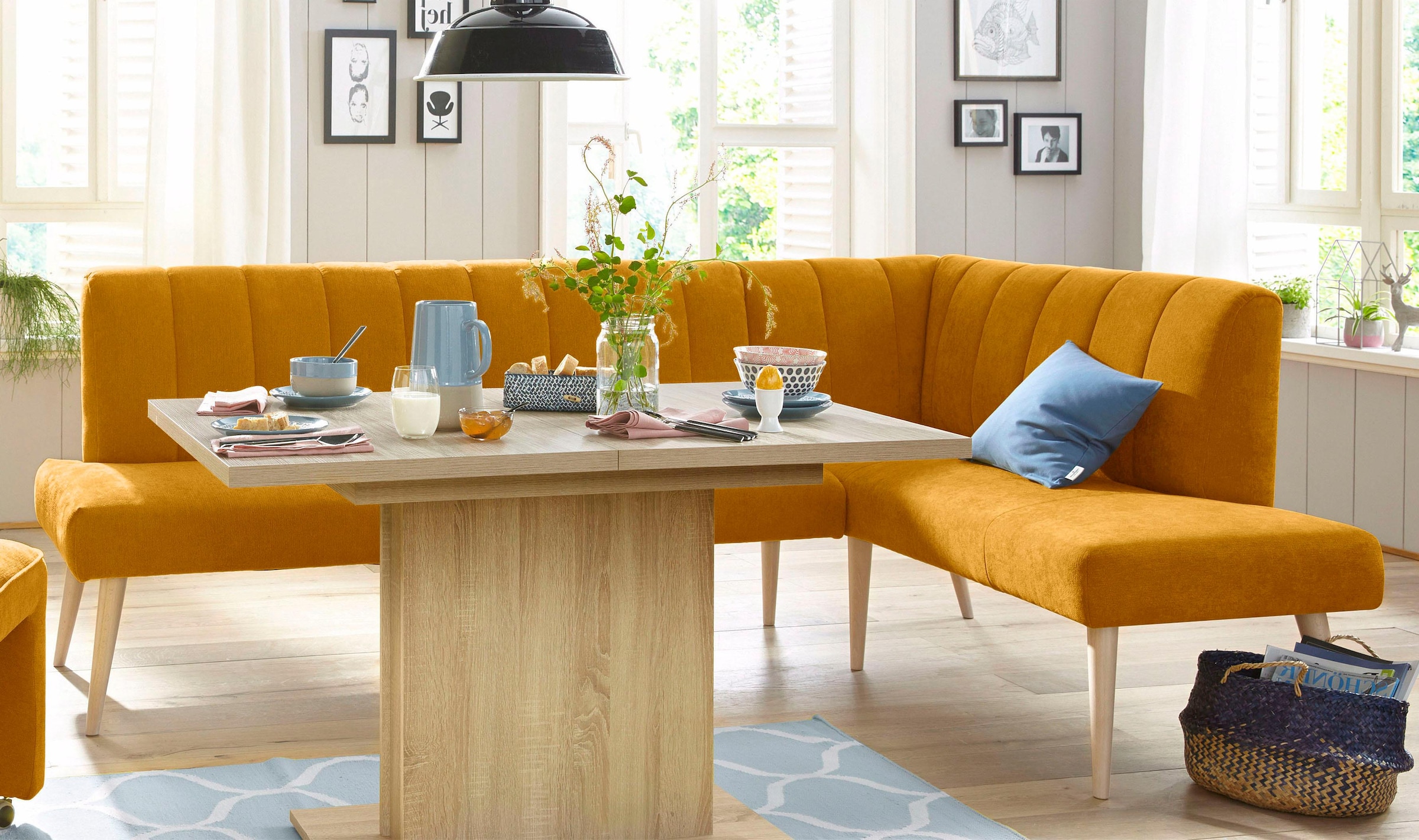 exxpo - sofa fashion Eckbank »Costa, moderne Rückensteppung, bequem und elegant, hoher Holzfuss«, hochwertig verarbeitet, Frei im Raum stellbar