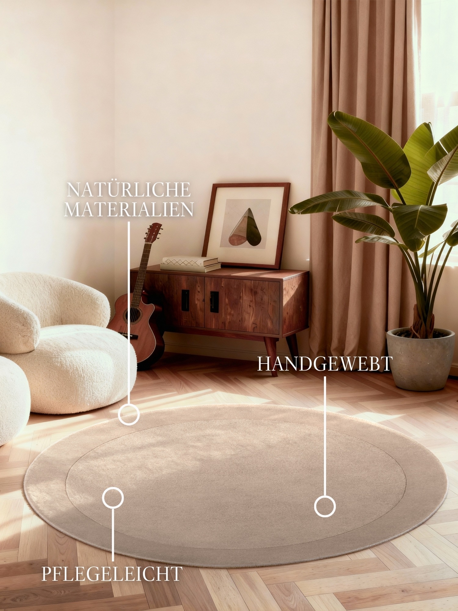 THE RUGS Villeroy & Boch 1812 Kari Handmade Soft Wool Blend Bordered Rug in Beige | Size: 200cm diameter