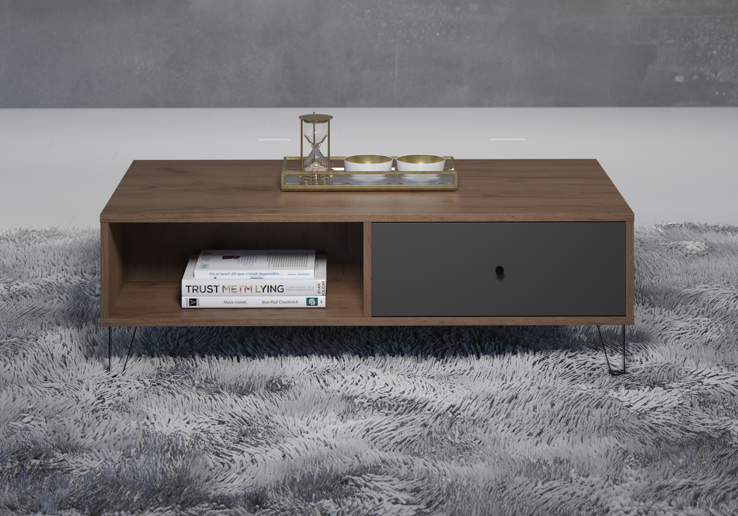 Places of Style Couchtisch »Molveno«, (1 St.), Sofatisch mit 2 Fächern, Schubladen und extravaganten Metall-Füssen