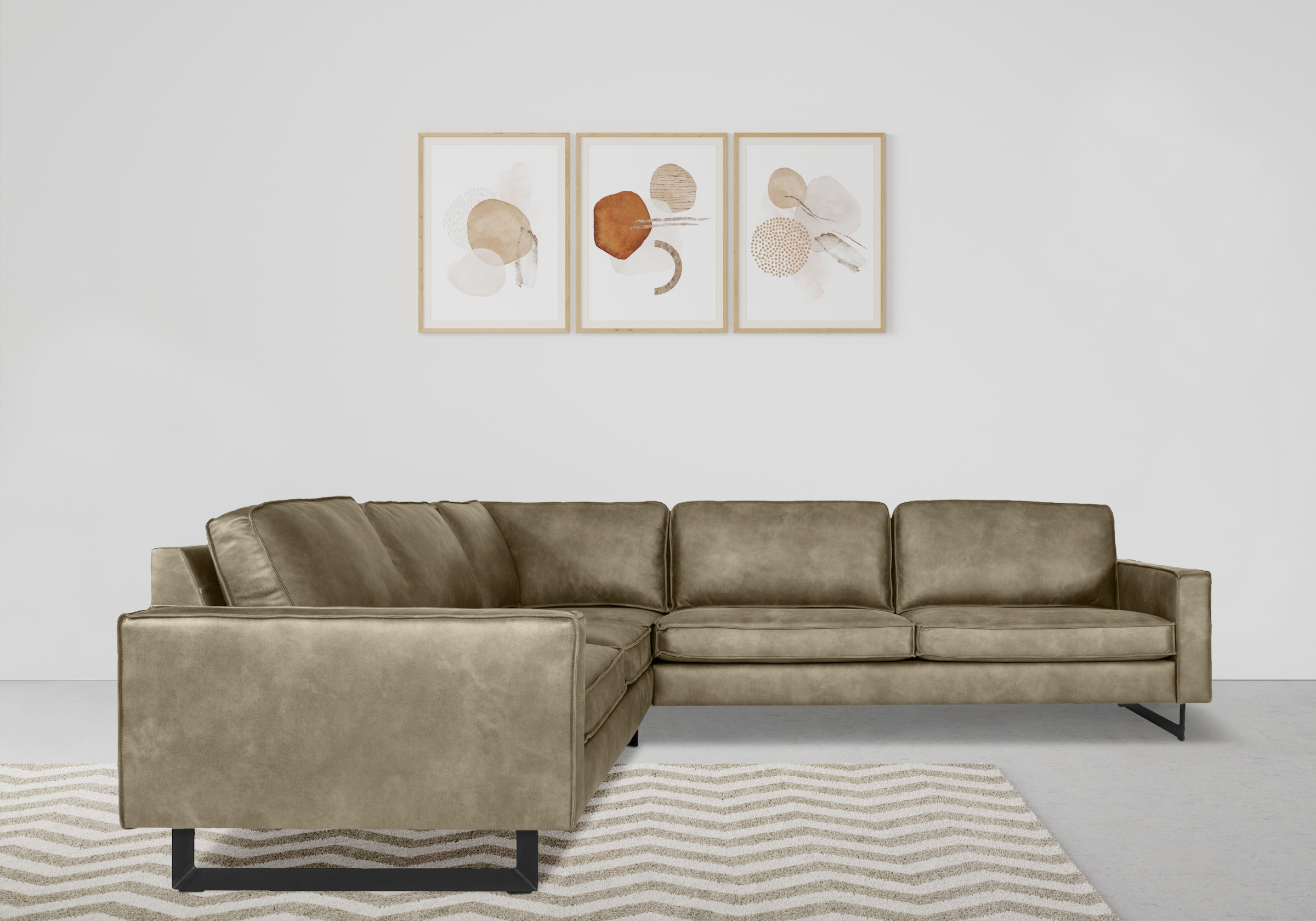 Places of Style Ecksofa »Pinto, XXL, 250/290 cm, langer Schenkel, Ottomane«, Cord, Chenille, Lederoptik, mit Keder, Metallfüsse, Wellenunterfederung