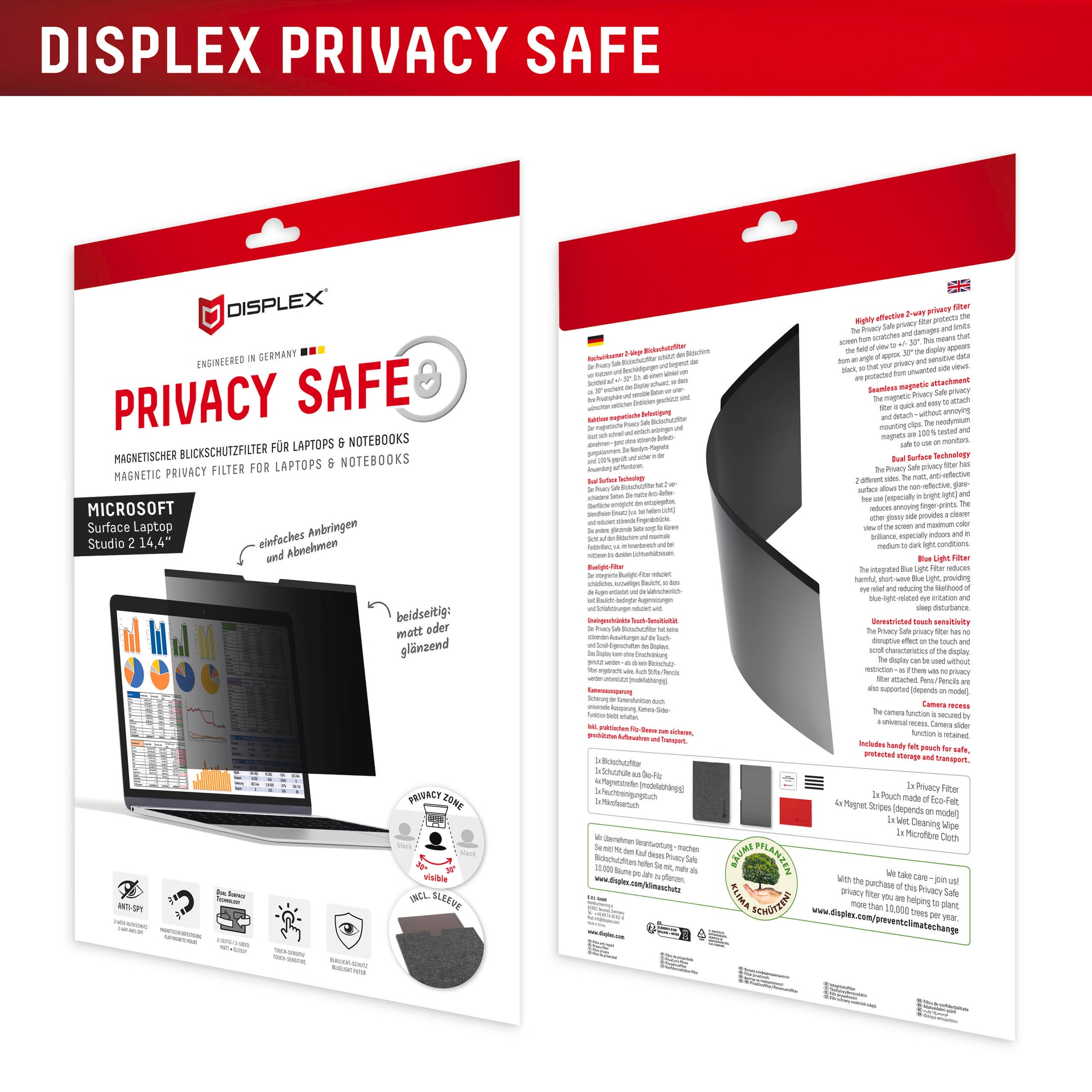 Displex Displayschutzfolie »Privacy Safe 2-Wege Blickschutzfilter«, für Microsoft Surface Laptop Studio 2 14,4, Blickschutzfolie, Schutzfolie, Bildschirmschutz, kratz- & stossfest