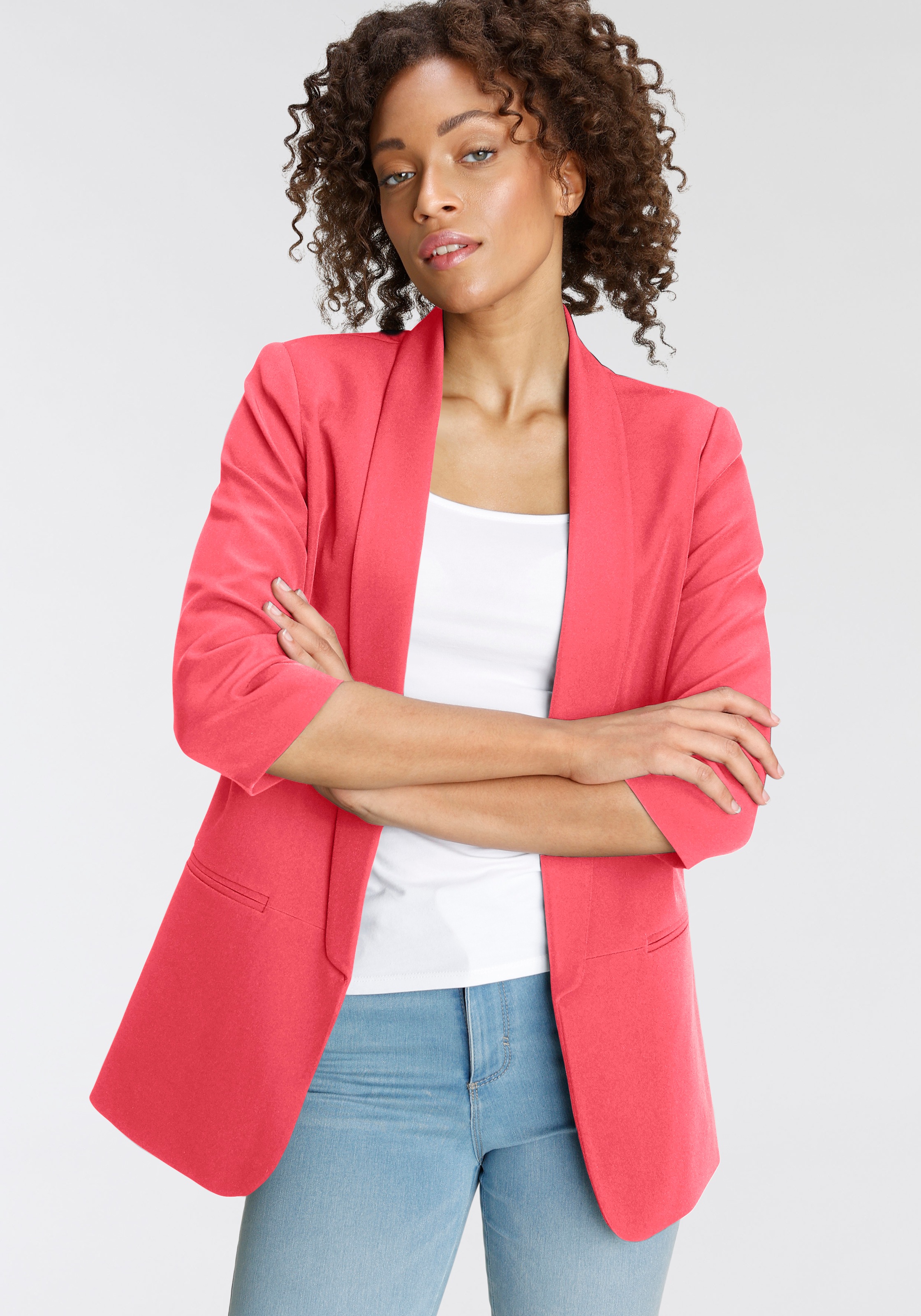 ONLY Kurzblazer »ONLELLA – Femininer Blazer mit 3/4-Ärmeln und Raffung« regular fit, casual, Web, Kunstfaser, V-Ausschnitt