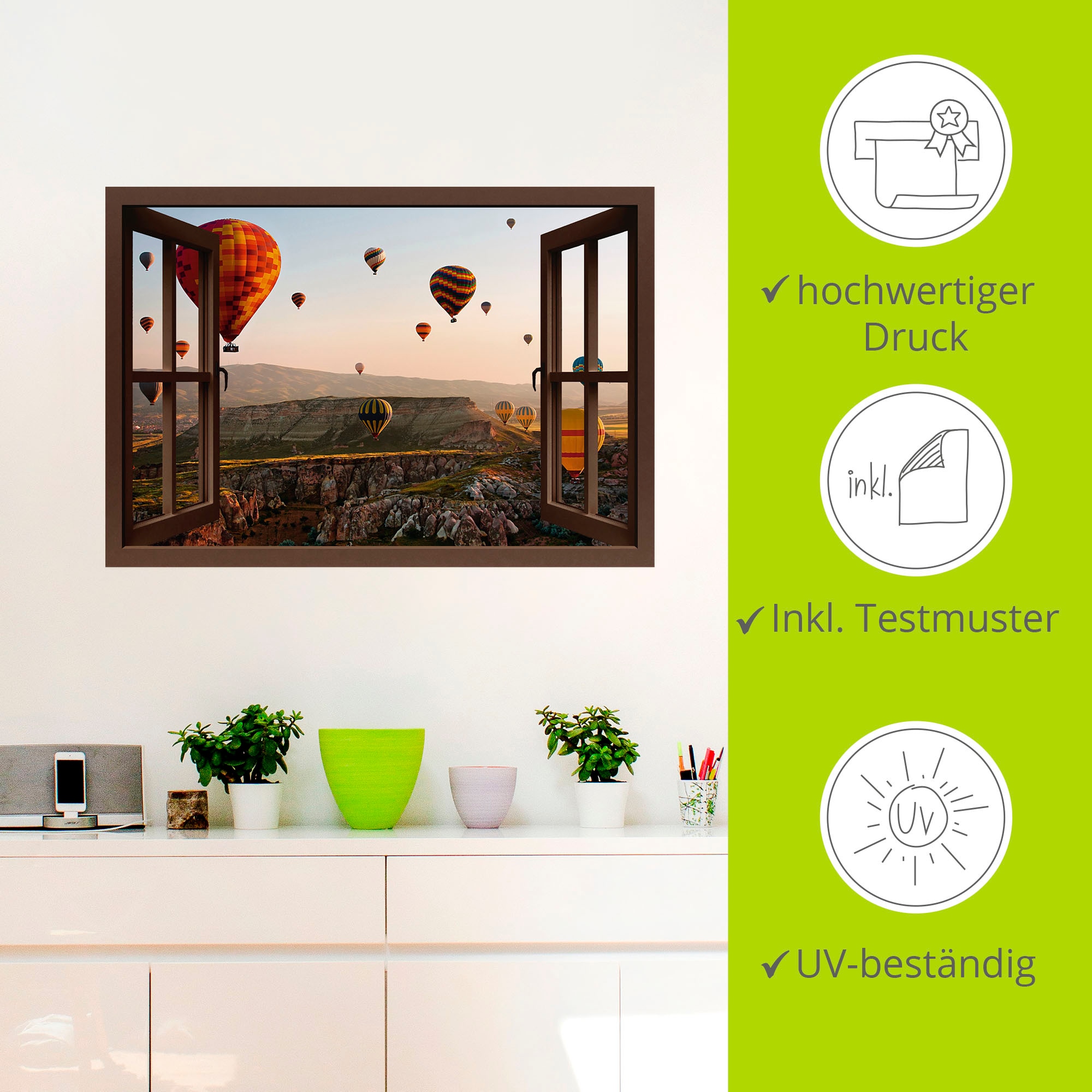 Artland Wandbild »Fensterblick Kappadokien Ballonfahrt«, Ballonfahren, (1 St.), als Leinwandbild, Poster, Wandaufkleber in verschied. Grössen