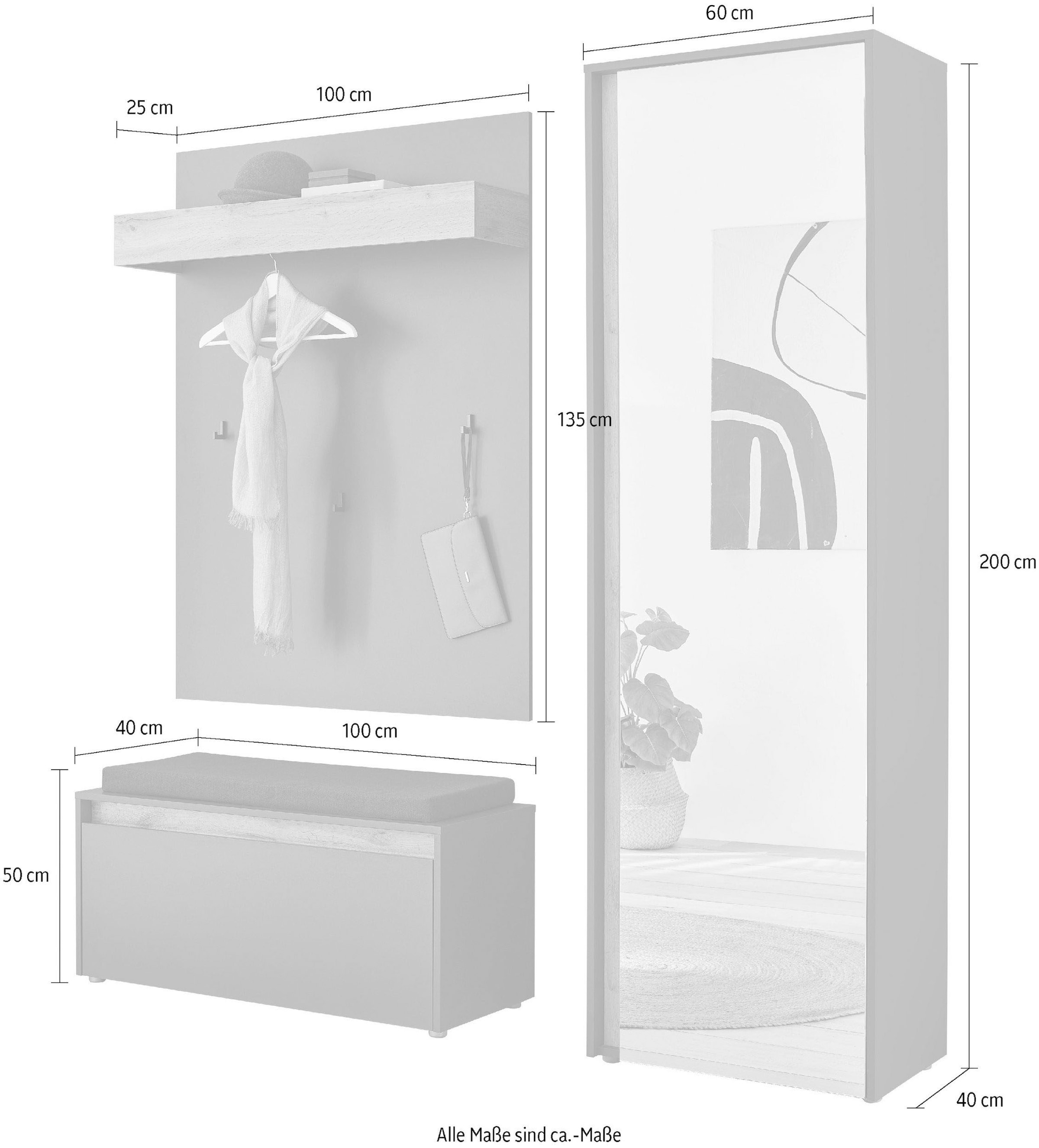 INOSIGN Garderoben-Set »GIRON/CiTY, moderne Garderobe, Komplettset mit viel Stauraum«, (Komplett-Set, 3 St.), enthält Garderobenschrank, Paneel, Schuhbank inkl. Sitzkissen
