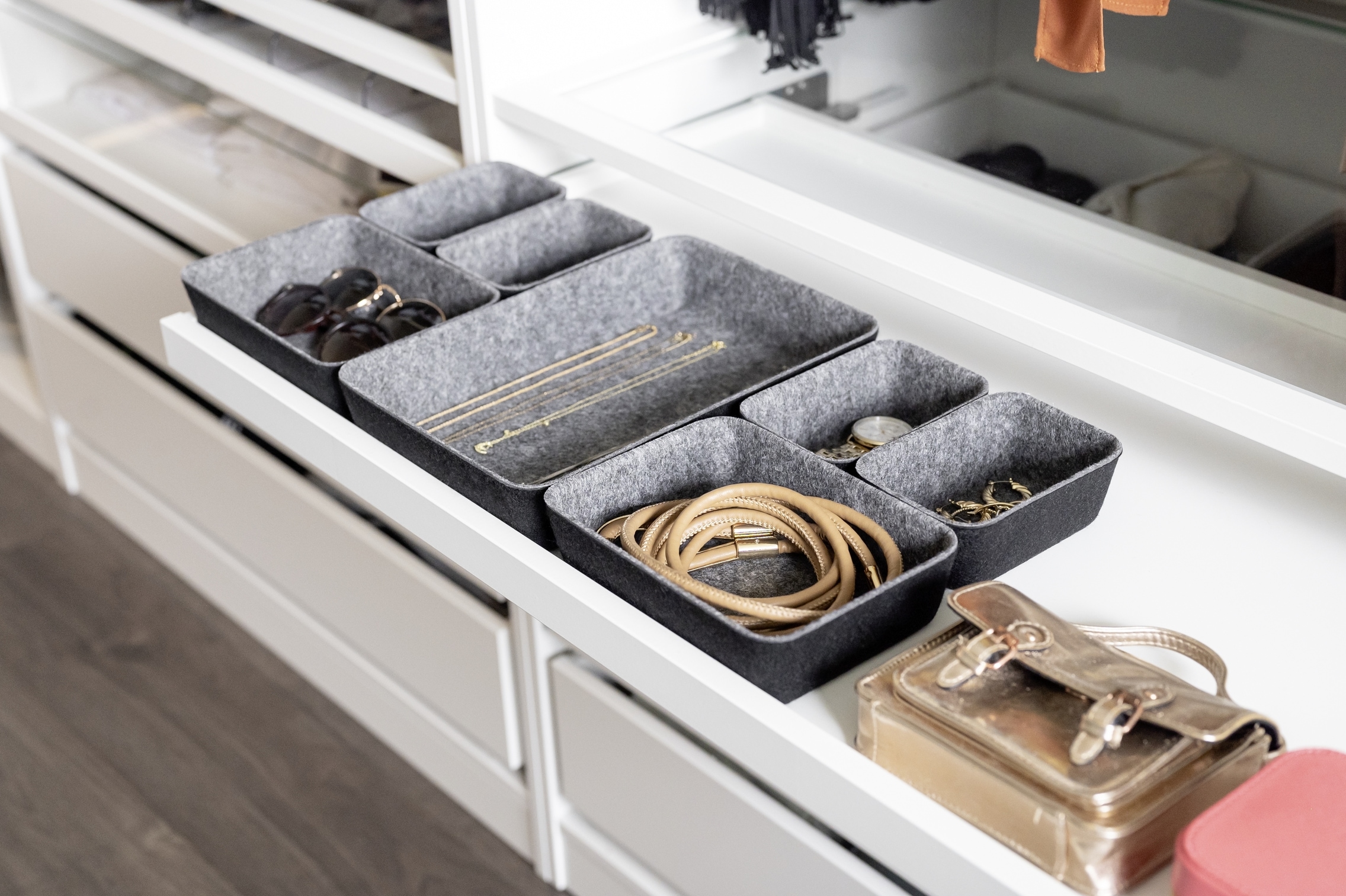 WENKO Organizer, (Set, 7 St.), Aufbewahrungsboxen für Schubladen, 3 Grössen, recycelter Polyesterfilz