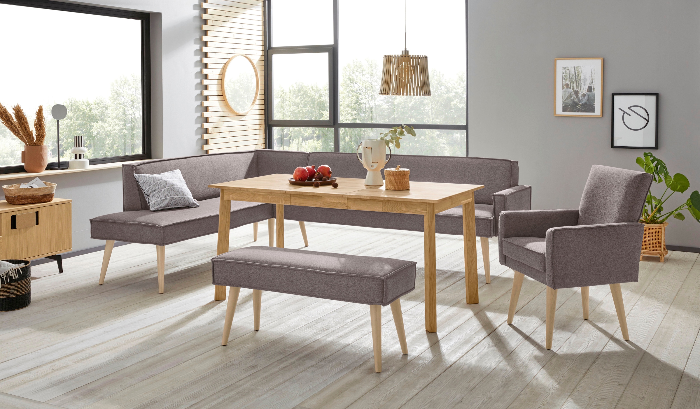 exxpo - sofa fashion Eckbank »Lungo, moderne Kedernaht, bequem und elegant, hoher Holzfuss«, hochwertige Detailverarbeitung, frei im Raum stellbar