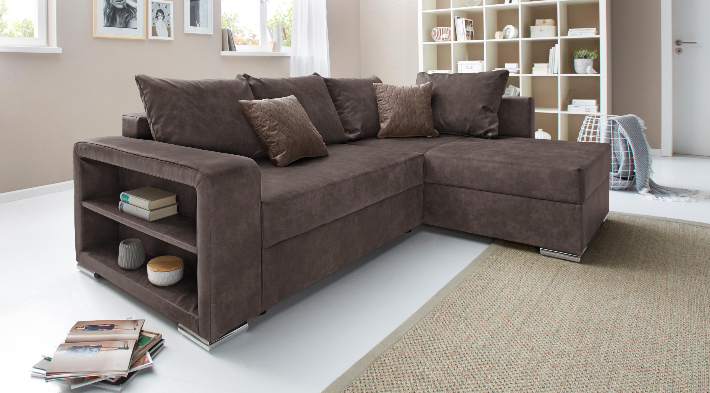 COLLECTION AB Ecksofa "John L-Form, B: 226 cm" Bettfunktion, Bettkasten, Regalelement & 2 Zierkissen, Federkern