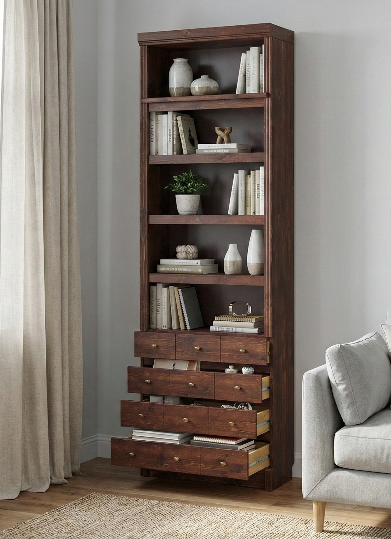 Home affaire "Soeren Regal mit 5 breiten Schubkästen in geteilter Optik" T/H: 80/29/220 cm, Kiefer FSC-zertifiziert, elegante Metallgriffe