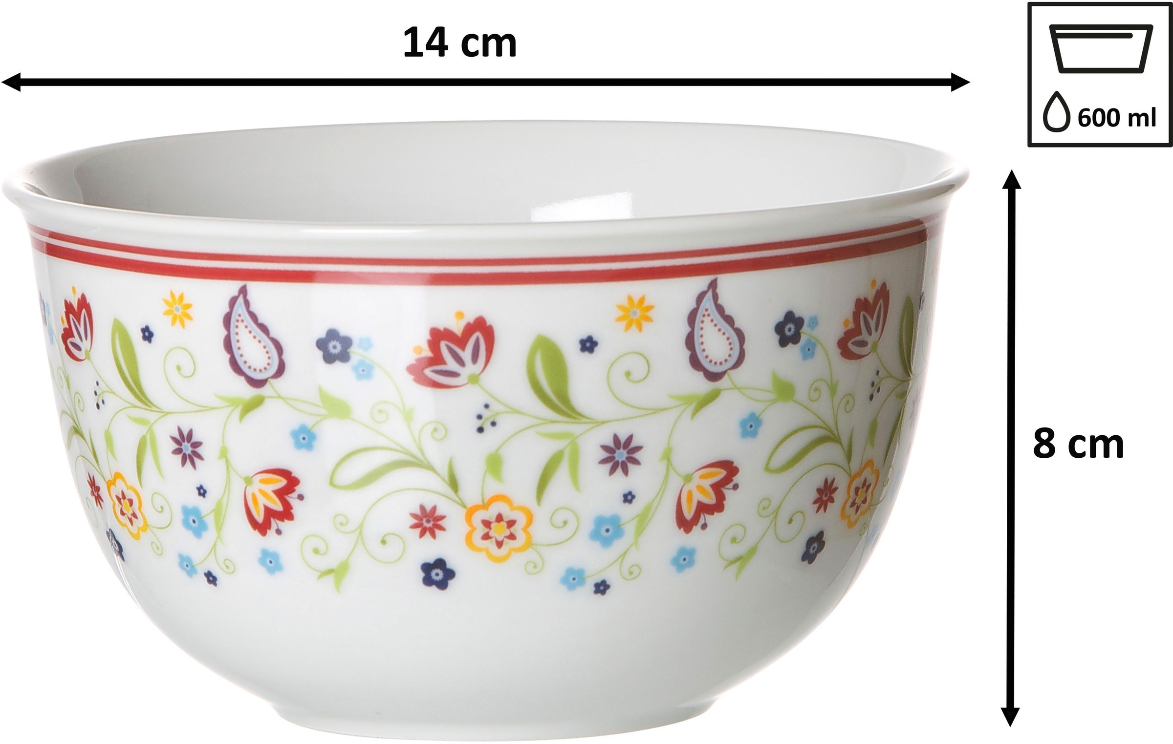 Ritzenhoff & Breker Müslischale "Doppio Shanti" 6 Stk. aus Porzellan Geschirr-Set, Paisley-Blüten-Dekor
