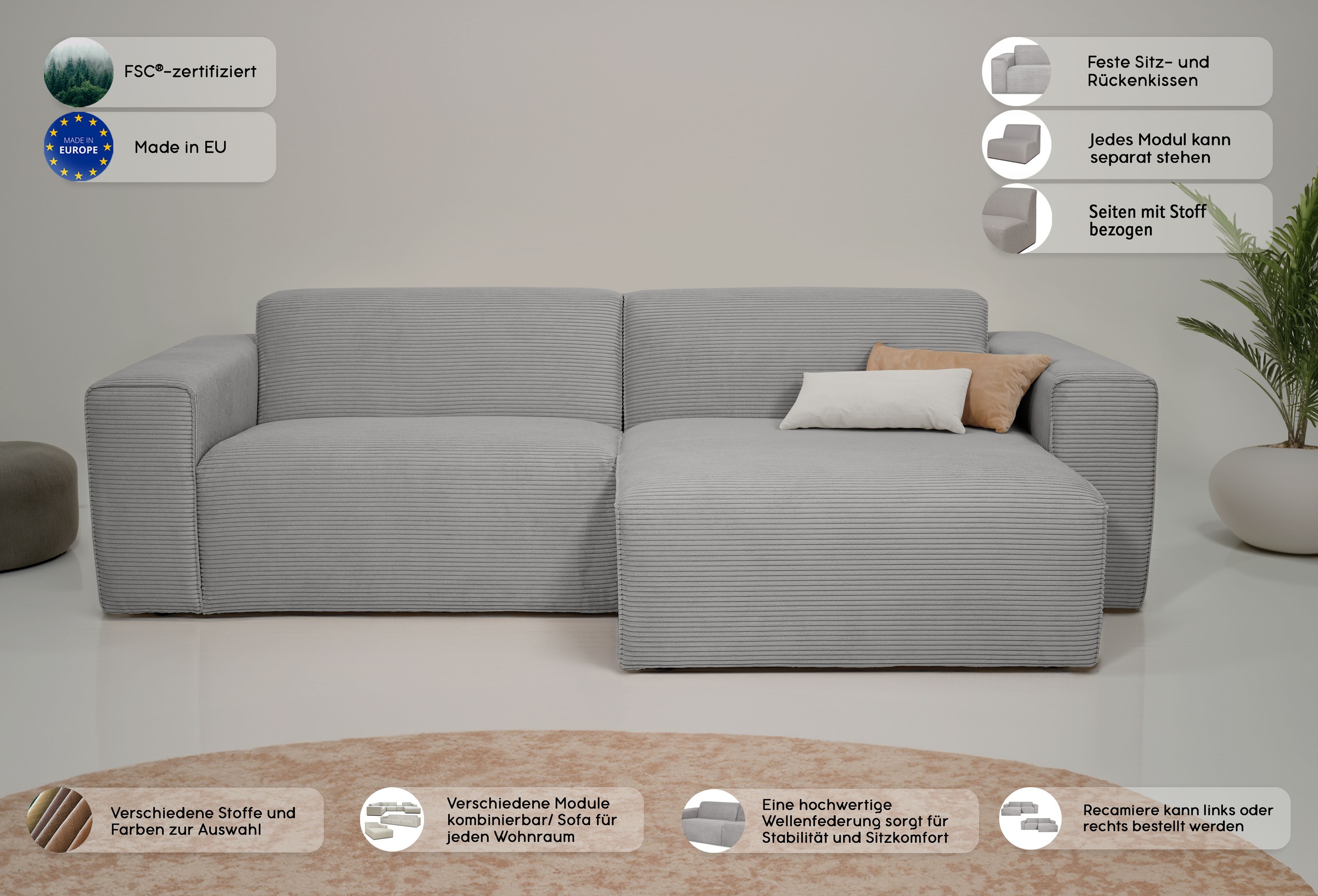 INOSIGN Ecksofa »Koa,228cm, L-Form, Modulsofa, Webstoff, Cord, Struktur«, Designsofa, weicher Lounge-Sitzkomfort, Welleunterfederung, bodentief