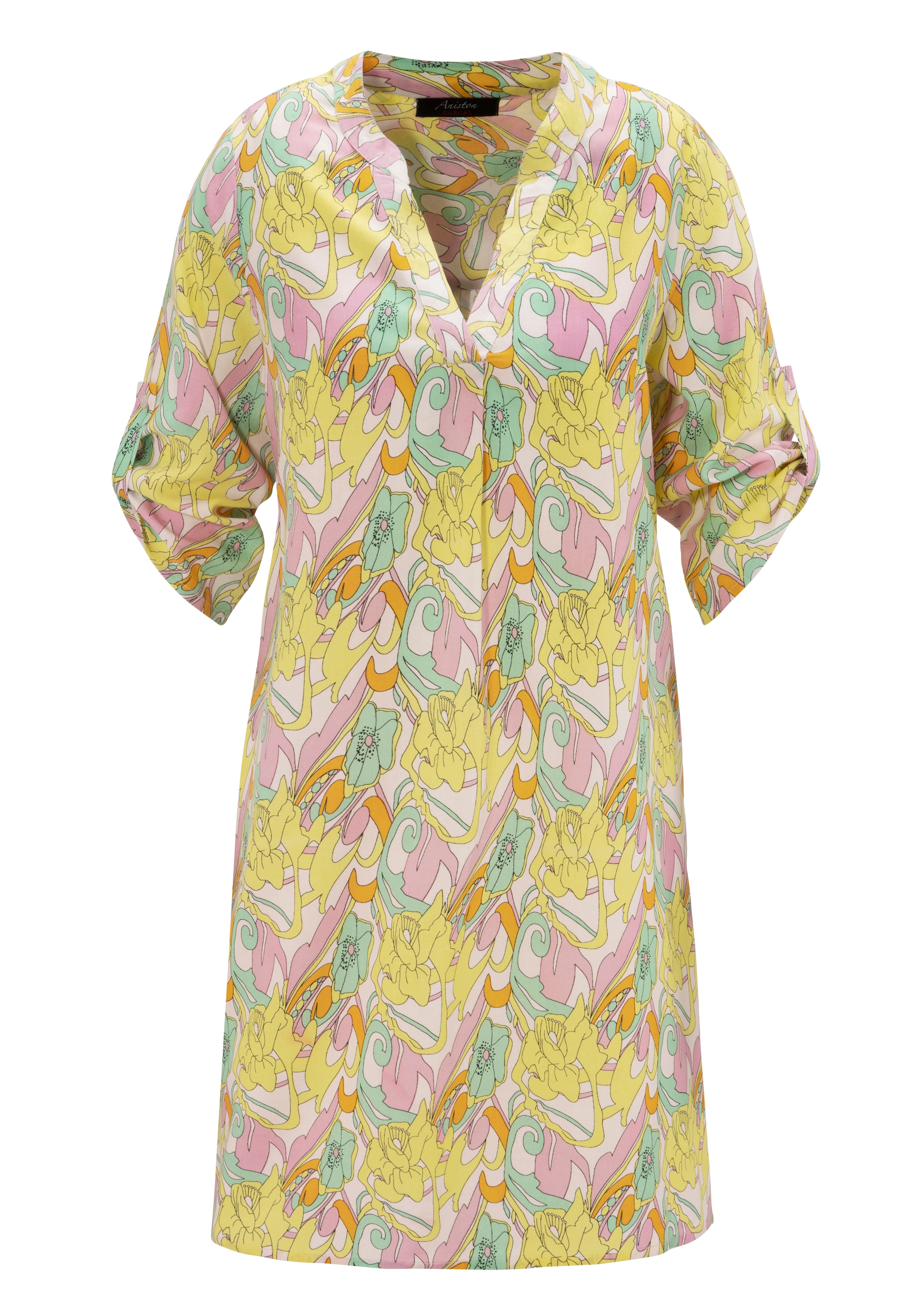 Aniston CASUAL Sommerkleid, mit pastellfarbenen, graphischen Blumendruck - NEUE KOLLEKTION