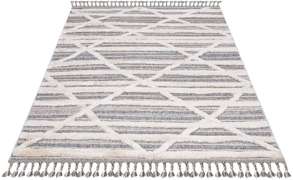Carpet City Hochflor-Teppich »Valencia 810«, rechteckig, 20 mm Höhe, Läufer, Boho-Stil, 3D-Effekt, Raute, Hoch-Tief-Struktur, mit Fransen