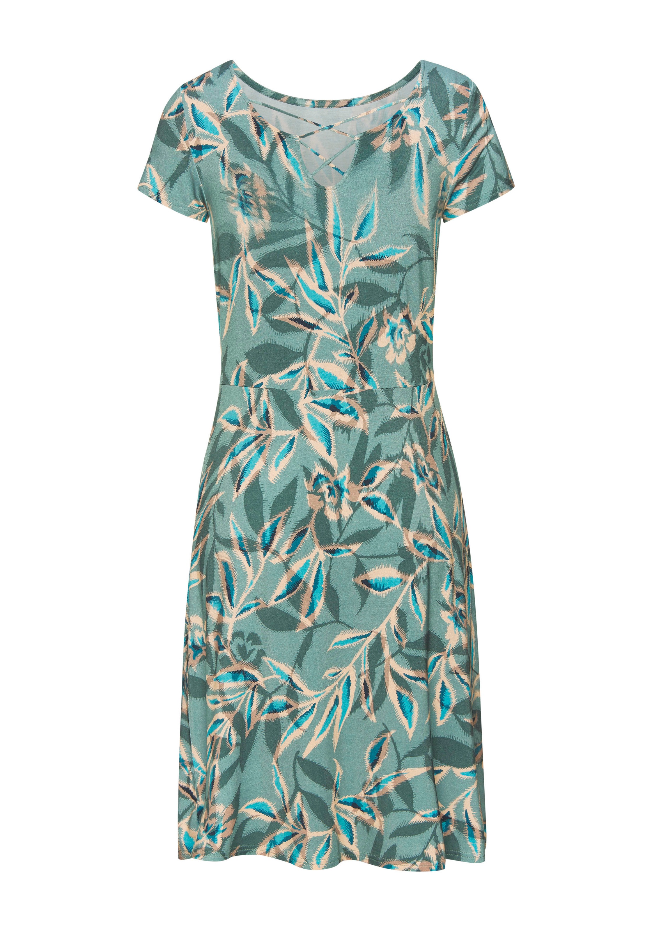 Vivance Sommerkleid "mit Alloverdruck und Zierbändern am Ausschnitt" Ohne Taschen kurzes Strandkleid, bedrucktes Jerseykleid, Viskosekleid