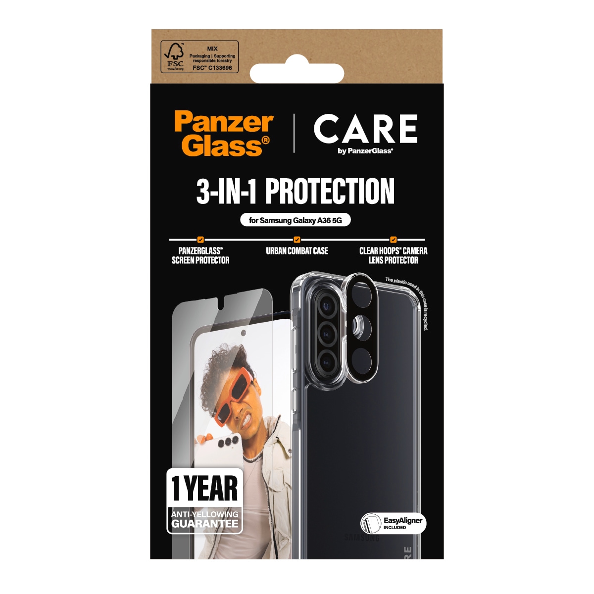 CARE by PanzerGlass Displayschutzglas »3-in-1 Protection Urban Combat Case + Screen Protection + Hoops«, für Samsung Galaxy A36, Displayschutzfolie, Schutzfolie, Bildschirmschutz, kratz- & stossfest