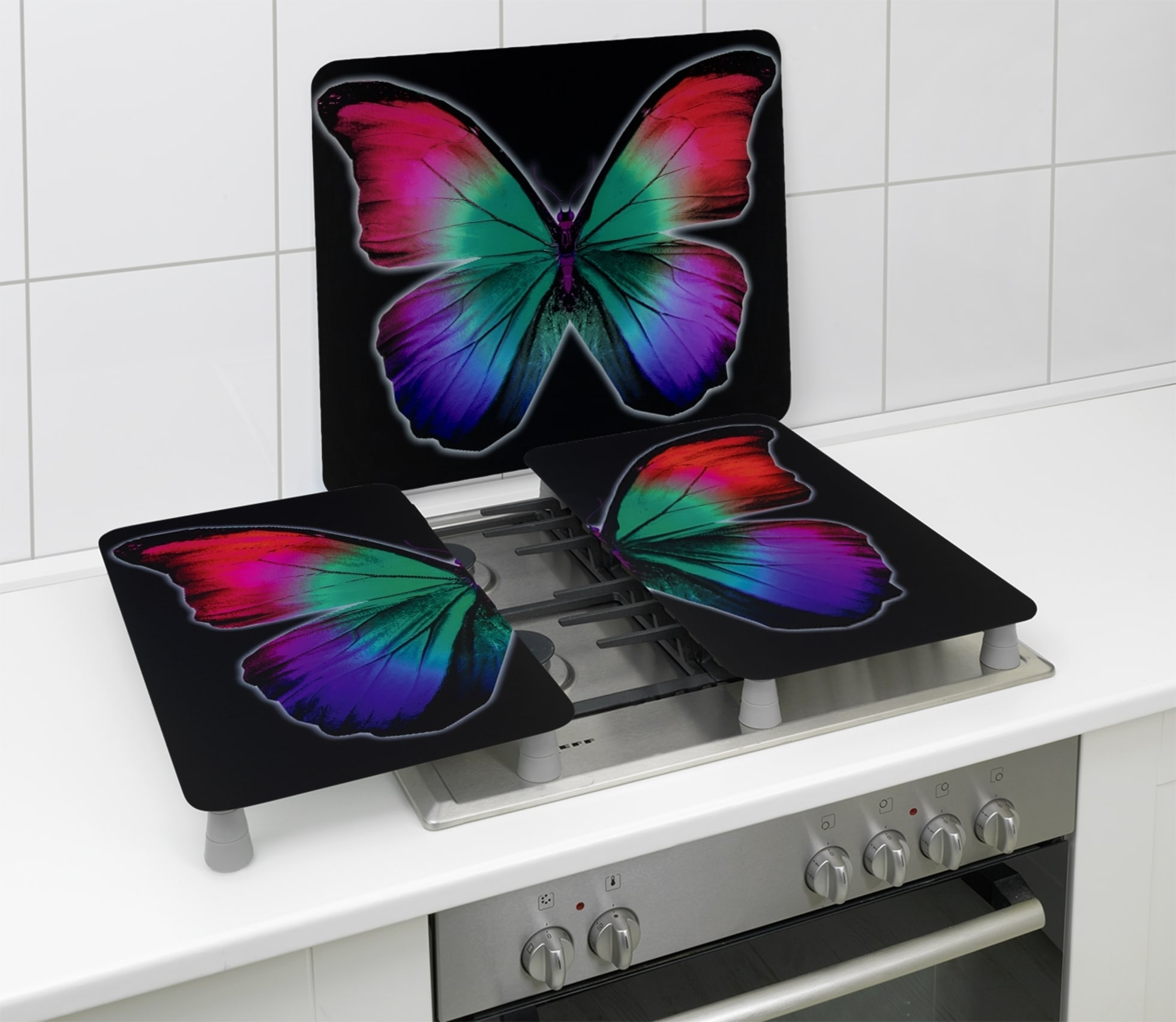 WENKO Herd-Abdeckplatte »Universal Modell Butterfly by Night«, (Set, 2 tlg.), Herdabdeckung für alle Herdarten, kratzfest, mit rutschfesten Füssen