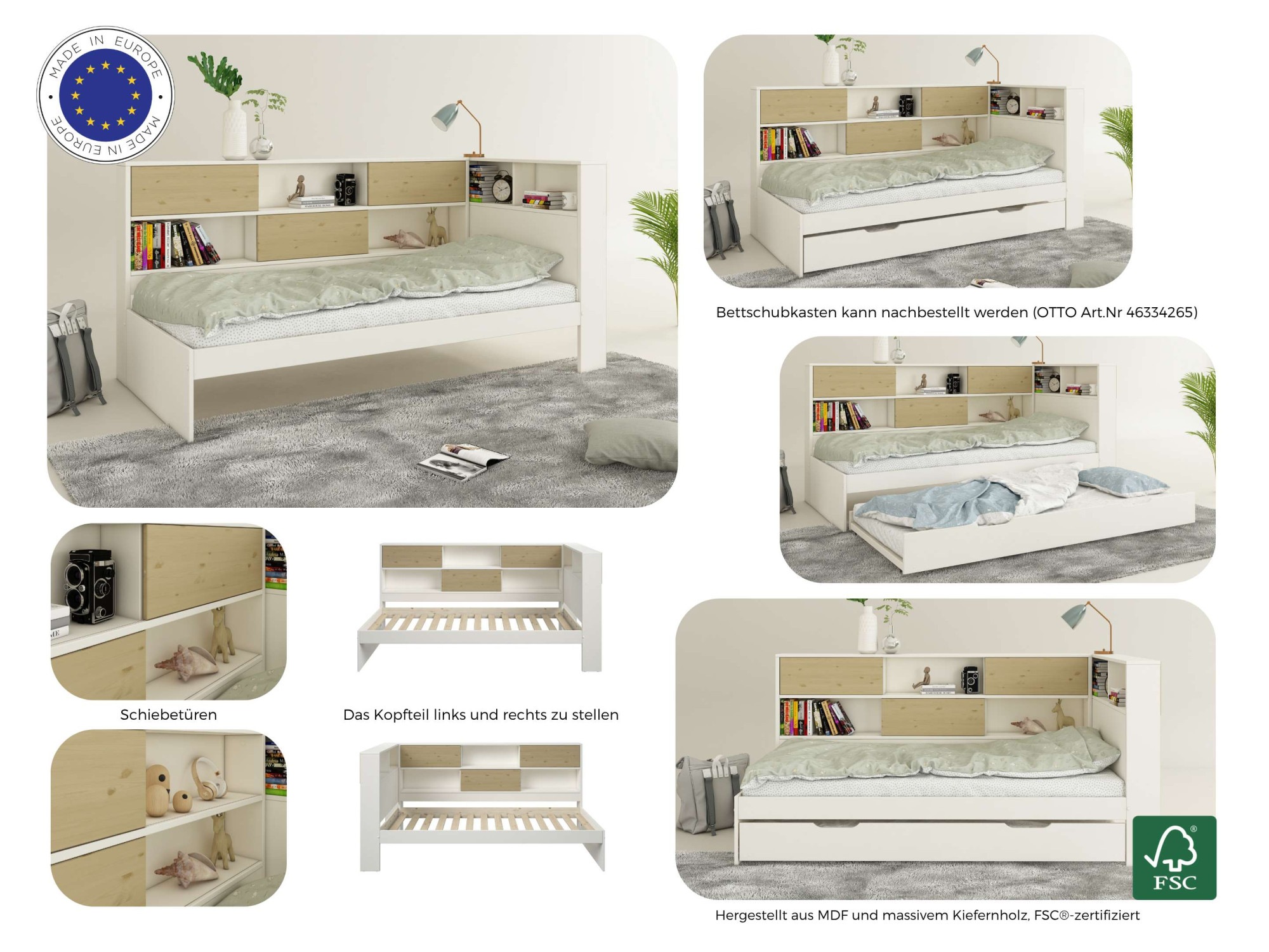 Home affaire Stauraumbett »Amance«, (Aussenmasse B/T/H: 110,2/220,1/106,9 cm), teilmassiv, FSC® zertifiziert, inklusive Lattenrost, viel Stauraum