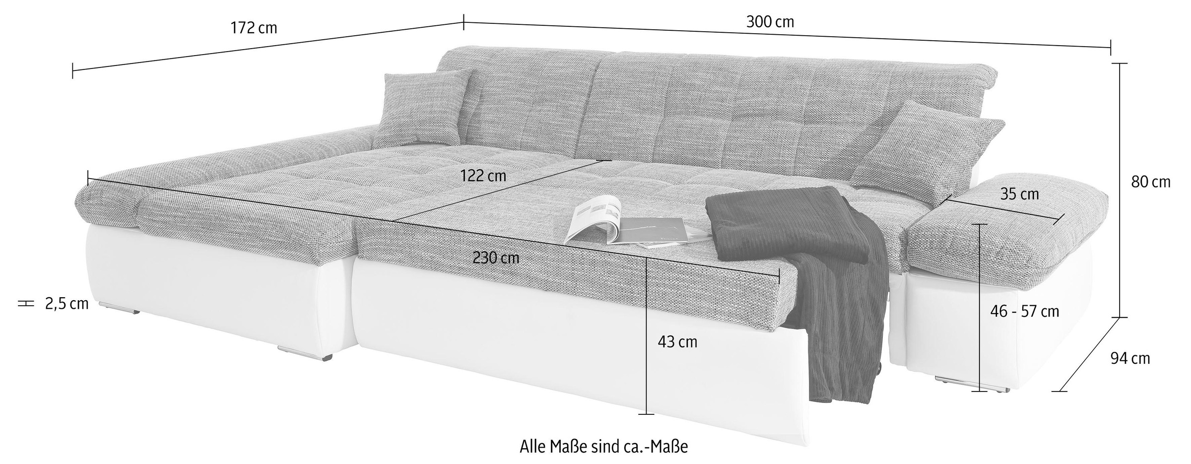 DOMO collection Ecksofa »Moric B/T/H 300/172/80 cm, auch in Cord, L-Form«, XXL-Format, wahlweise auch mit Bettfunktion und Armverstellung