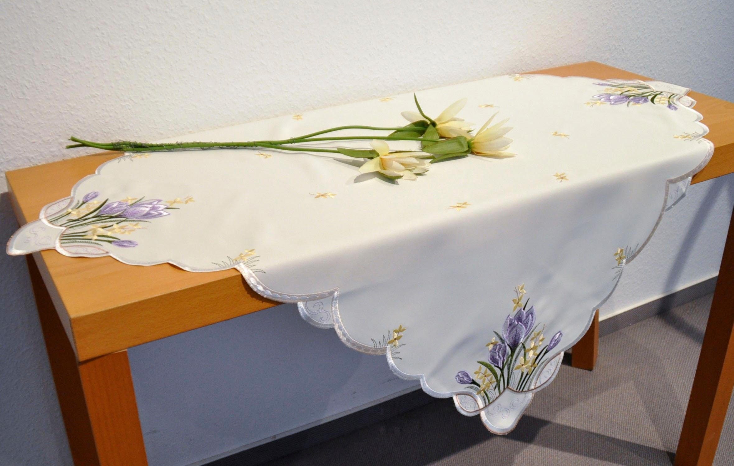Stickereien Plauen Mitteldecke "Tischdecke Krokusblüte" Plauener Spitze, Made in Germany