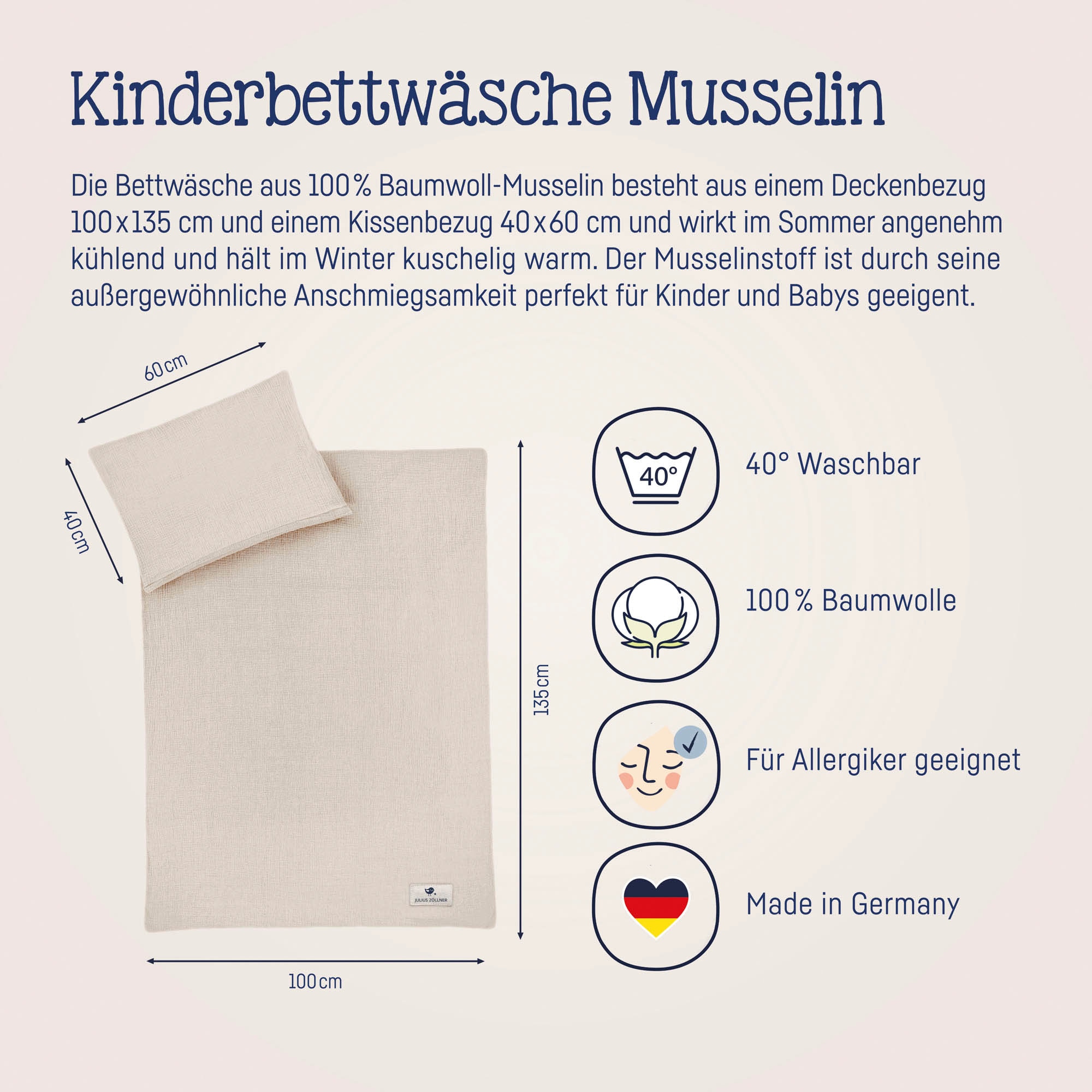 Julius Zöllner Kinderbettwäsche »Baby- und Kinderbettwäsche aus 100% Musselin«, erhältlich in den Grössen 80x80+35x40cm und 100x135+40x60cm