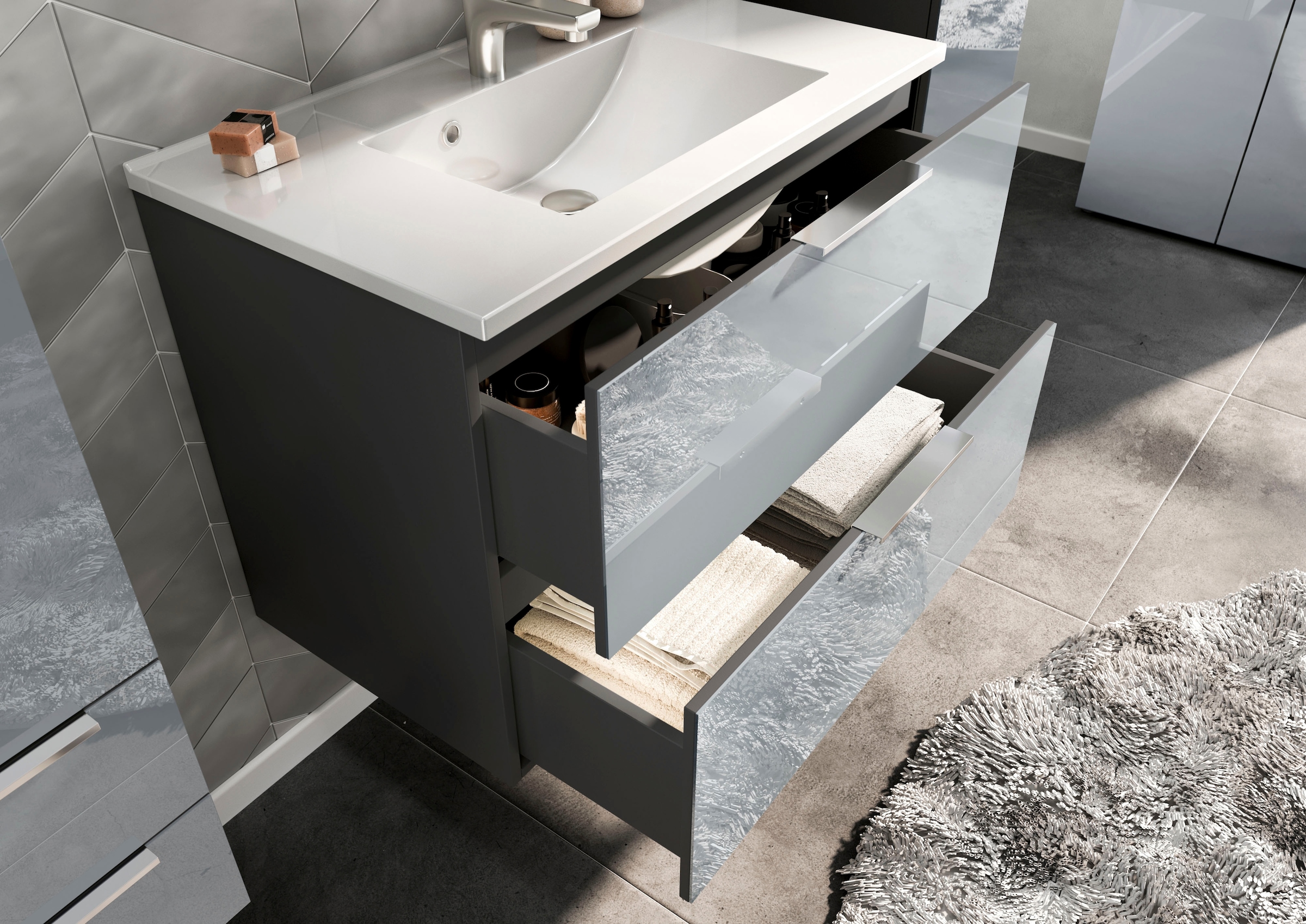 GERMANIA Waschtisch »Oakland«, inkl. Mineralguss-Becken in weiss oder schwarz, mit 2 Schubladen
