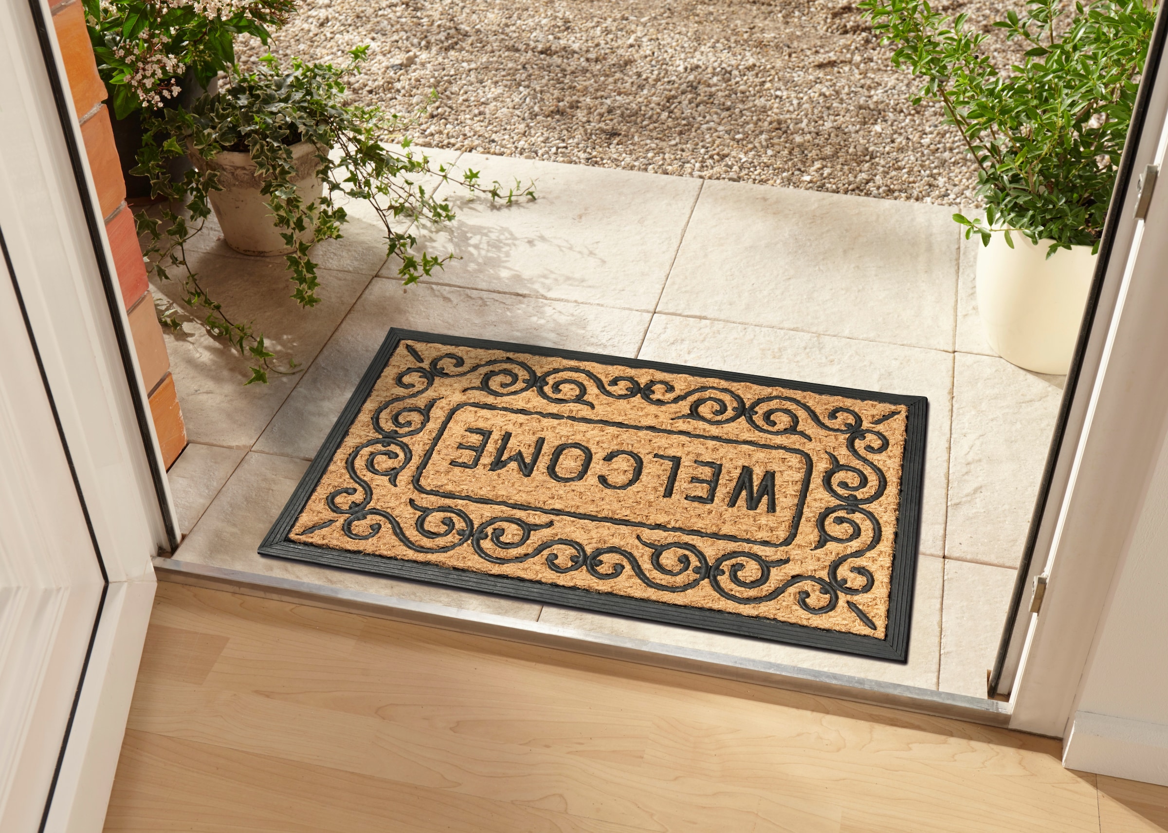 HANSE Home Fussmatte »Mix Mats Gummi-Kokos Welcome Floral Border, Türmatte«, rechteckig, 15 mm Höhe, Kokos, Gummi, Schmutzfangmatte, Outdoor, Rutschfest, Innen, Kokosmatte