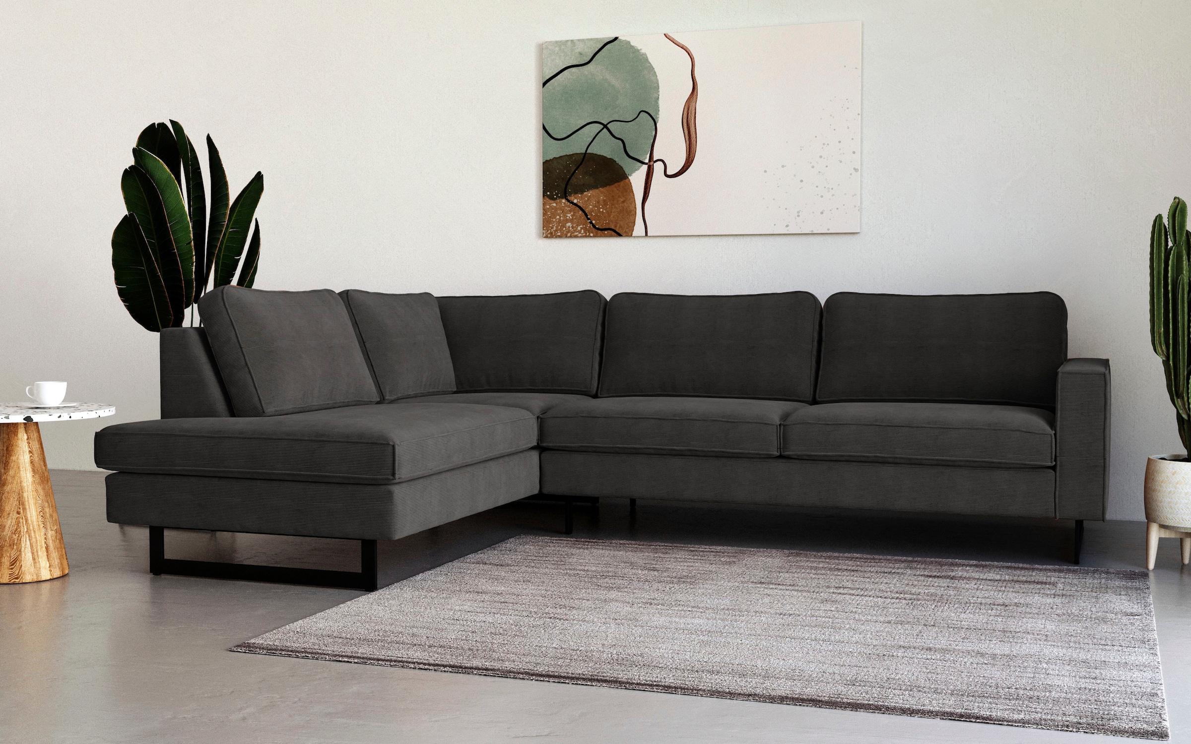 Places of Style Ecksofa »Pinto, 290 cm, Cord, Chenille, Lederoptik, Ottomane links / rechts«, mit Keder, schwarze Metallfüsse, Wellenunterfederung