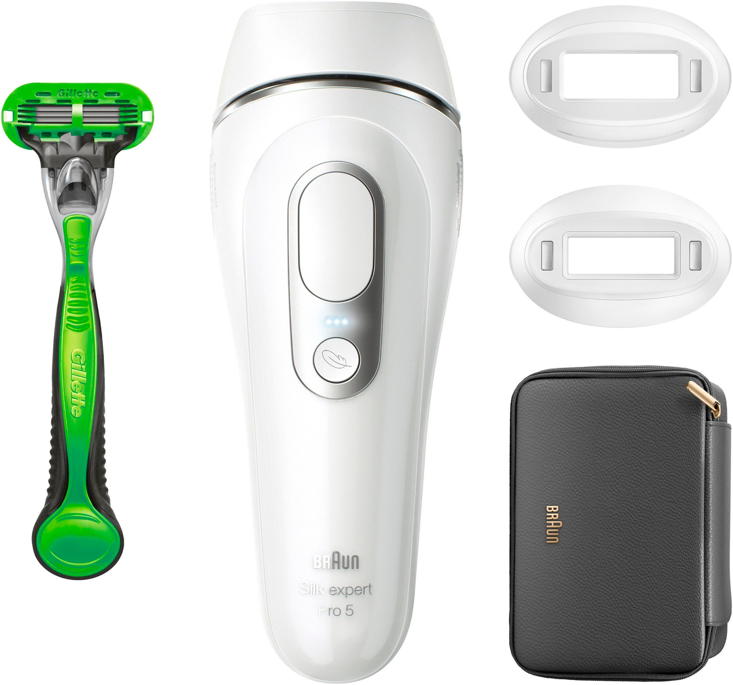 Braun IPL-Haarentferner »Silk·expert Pro 5 PL5145«, pro Minute bis zu 125 Lichtimpulse, für Männer, 2 Aufsätze & 1 Gillette Rasierer, Aufbewahrungstasche