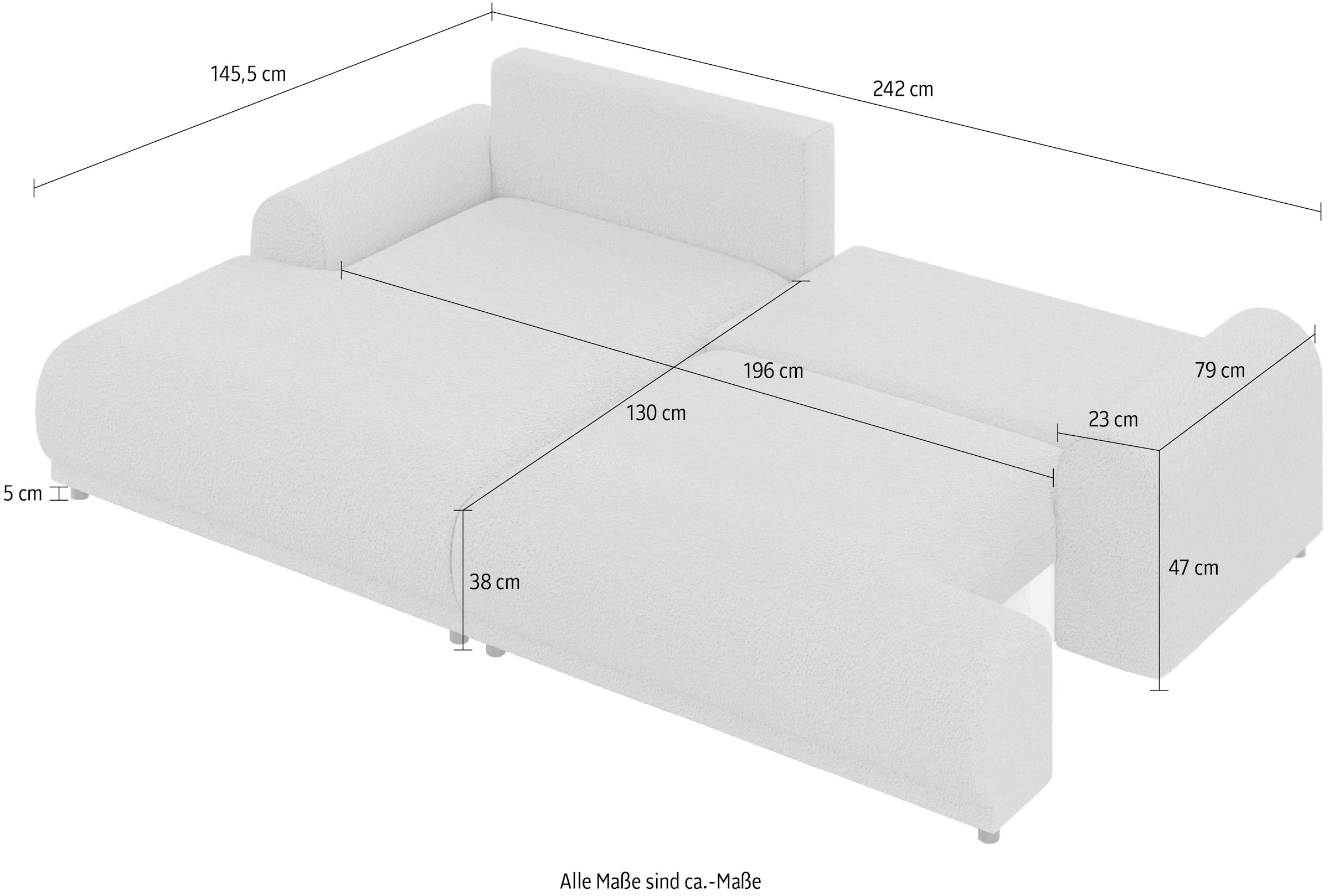 INOSIGN Ecksofa »Marsby, mit Bettfunktion und Bettkasten, Masse: B/H/T 242/65/145 cm«, L-Form mit Wellenunterfederung, Recamiere links oder rechts bestellbar