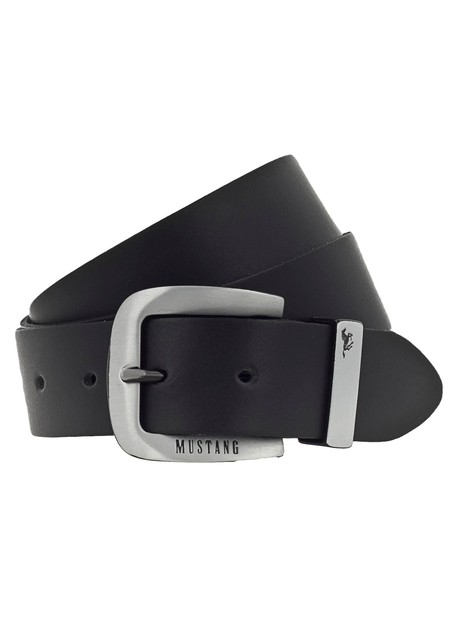 MUSTANG Ledergürtel, Dornschliesse aus geschwärztem Silber, mit Logo-Schriftzug, 3,5 cm