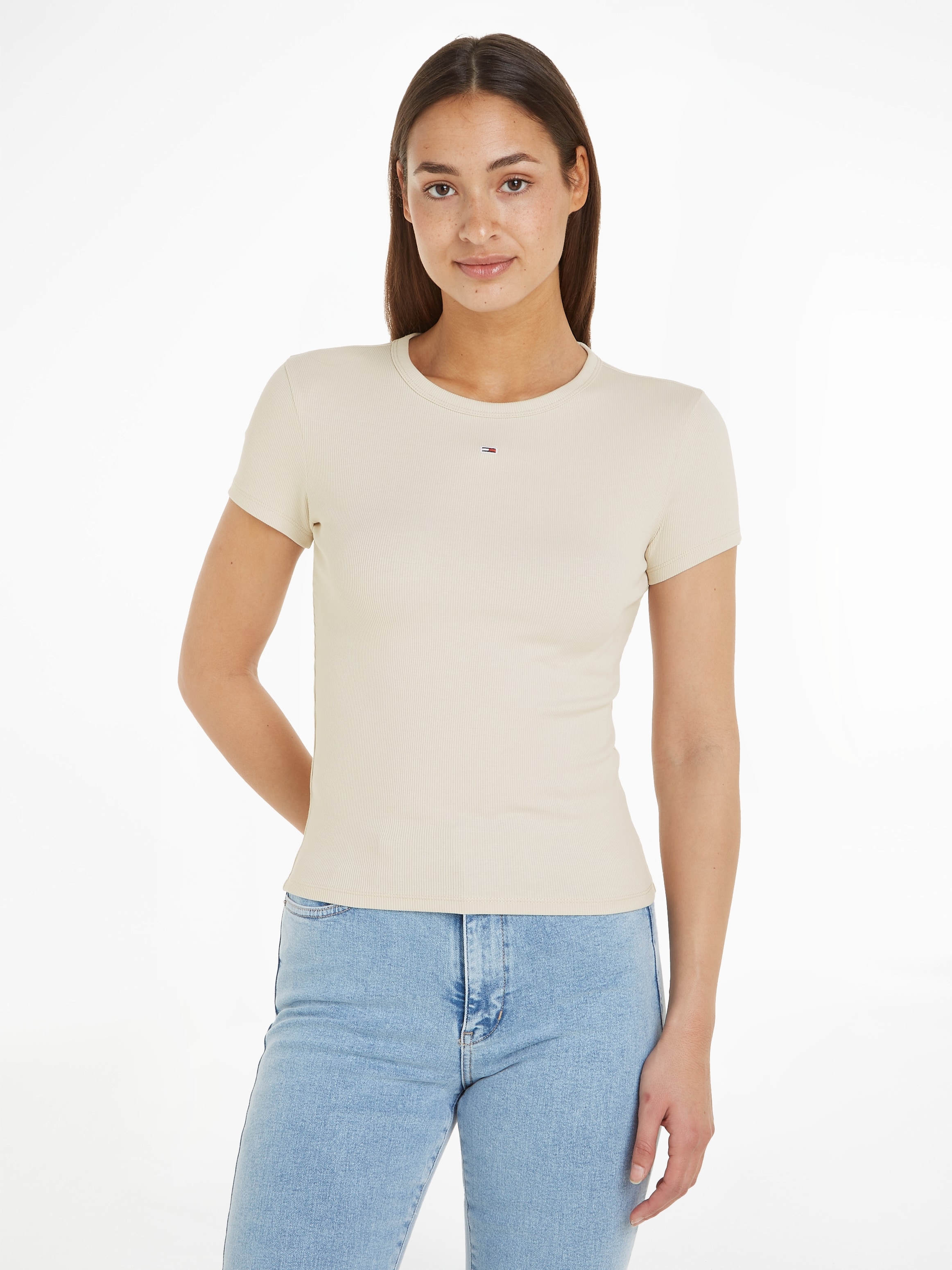 Tommy Jeans Kurzarmshirt "TJW ESSENTIAL RIB SHORT SLEEVE EXT" Baumwollmischung in gerippter Struktur, Slim Fit