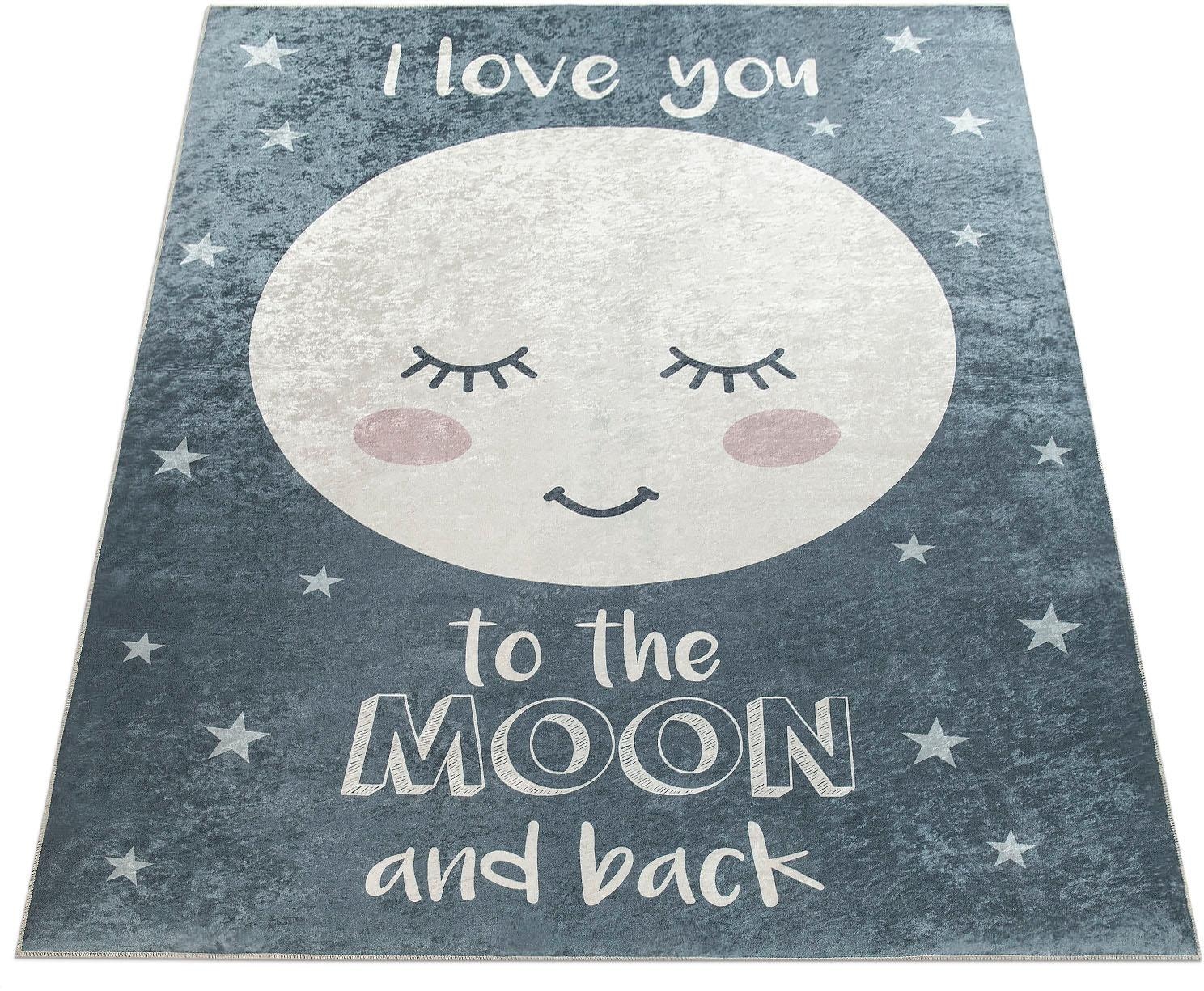 Paco Home Kinderteppich »Aleyna 103«, rechteckig, 6 mm Höhe, Kinder Design, niedliches Mond Motiv mit Schriftzug, Kinderzimmer