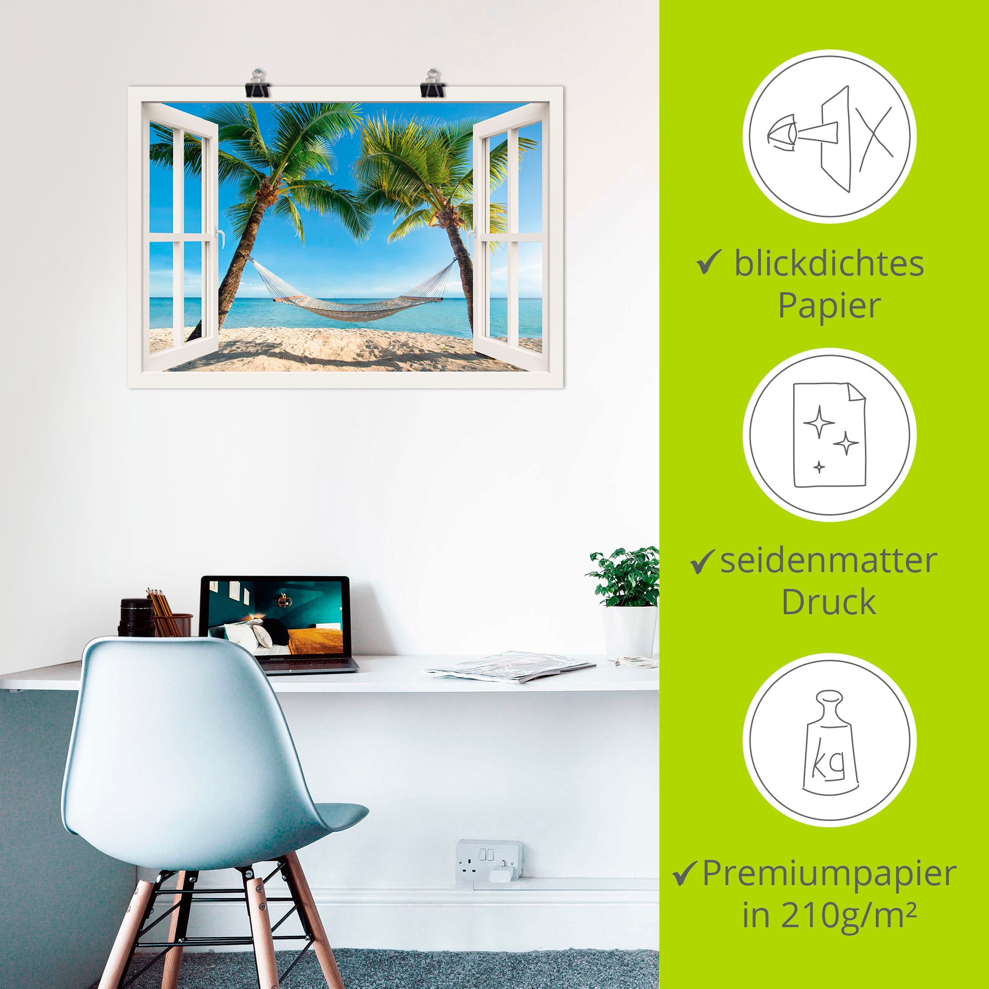 Artland Wandbild »Fensterblick Palmenstrand Karibik«, Amerika, (1 St.), als Alubild, Outdoorbild, Leinwandbild, Poster, Wandaufkleber