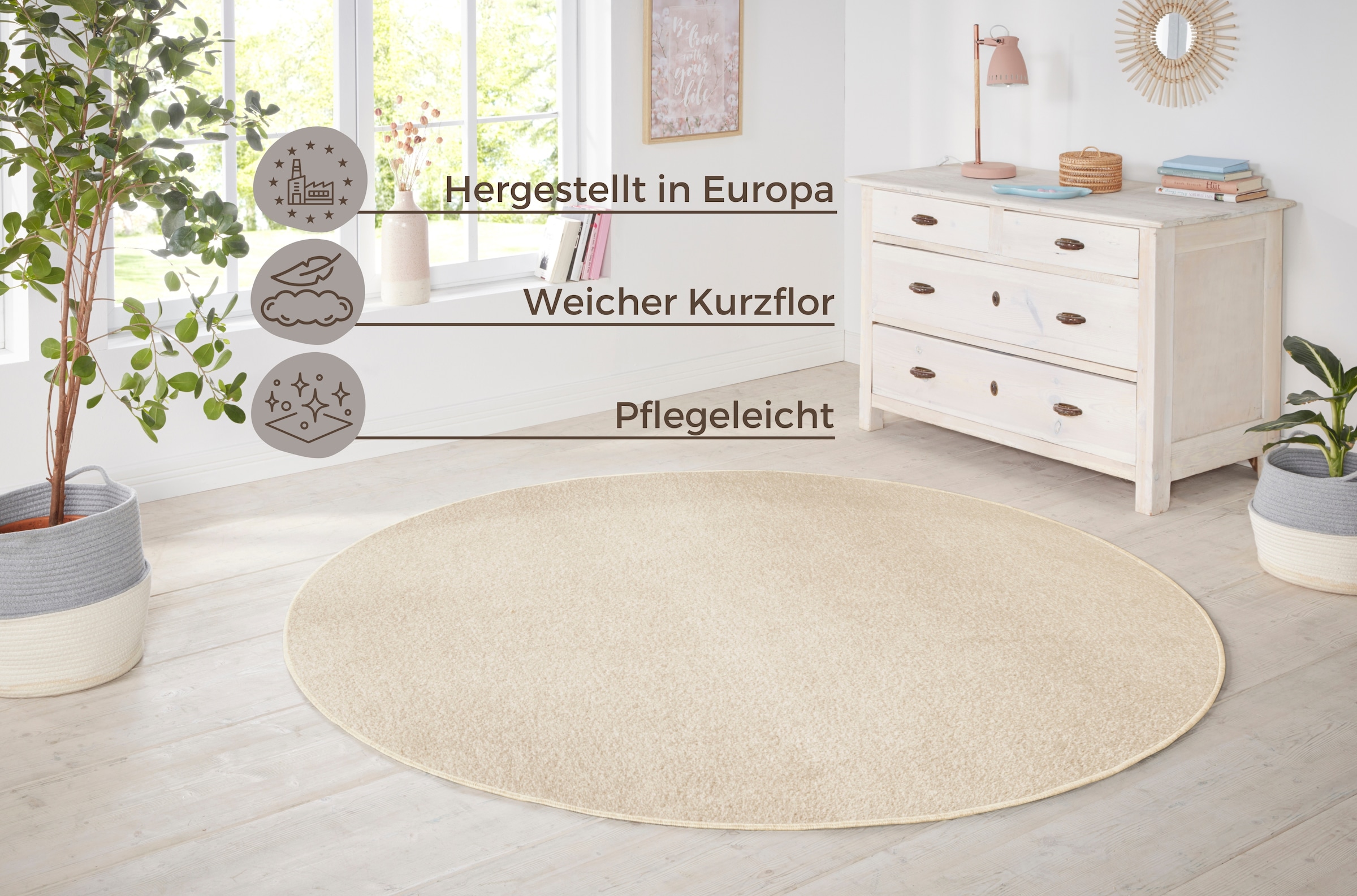 HANSE Home Teppich »Shashi«, rund, 8,5 mm Höhe, Kurzflor, Unifarben, Teppich, Weich, Esszimmer, Kinderzimmer, Flur