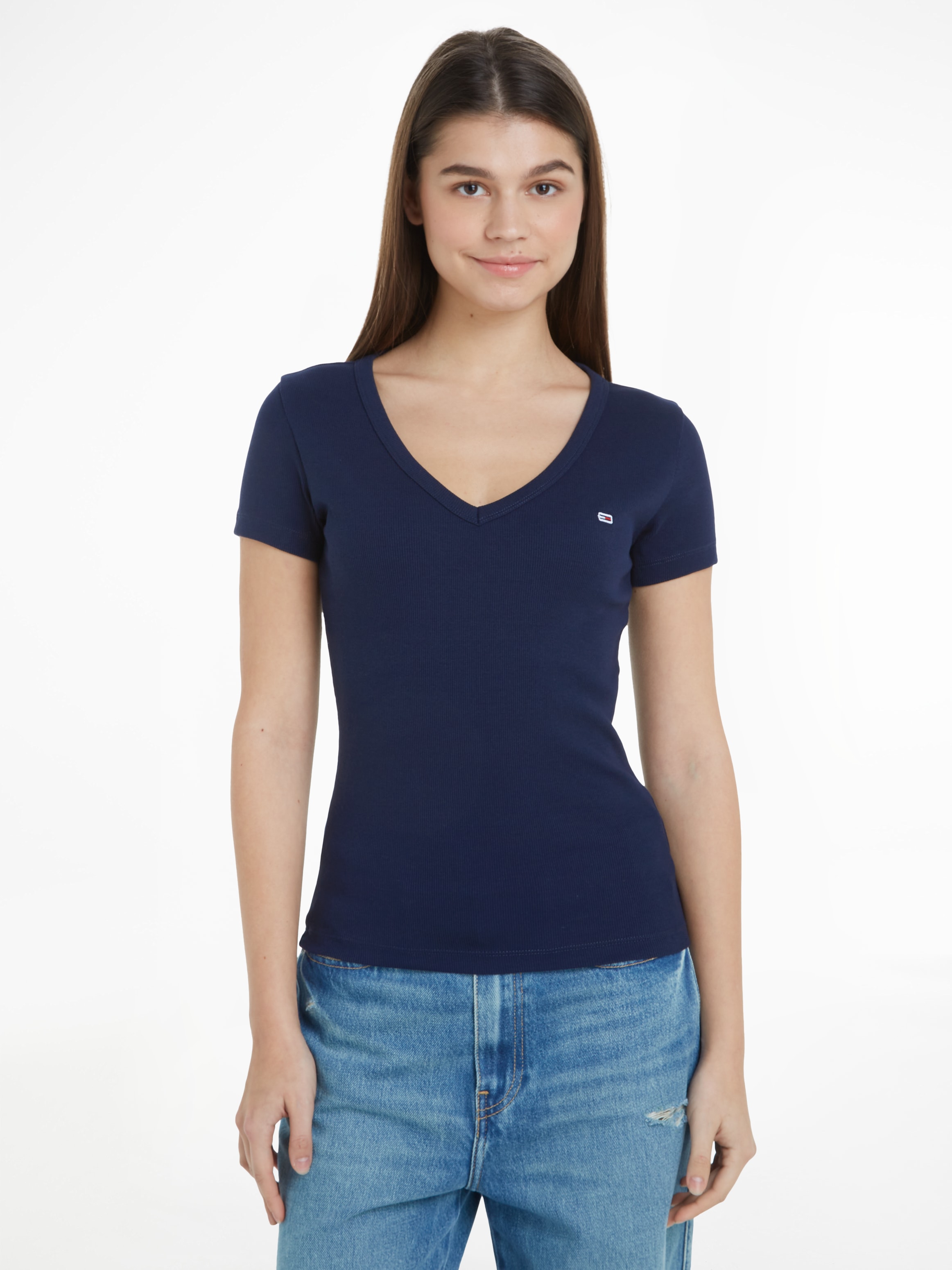 TOMMY JEANS T-Shirt »TJW SLIM ESSENTIAL RIB V SS«, mit Logostickerei