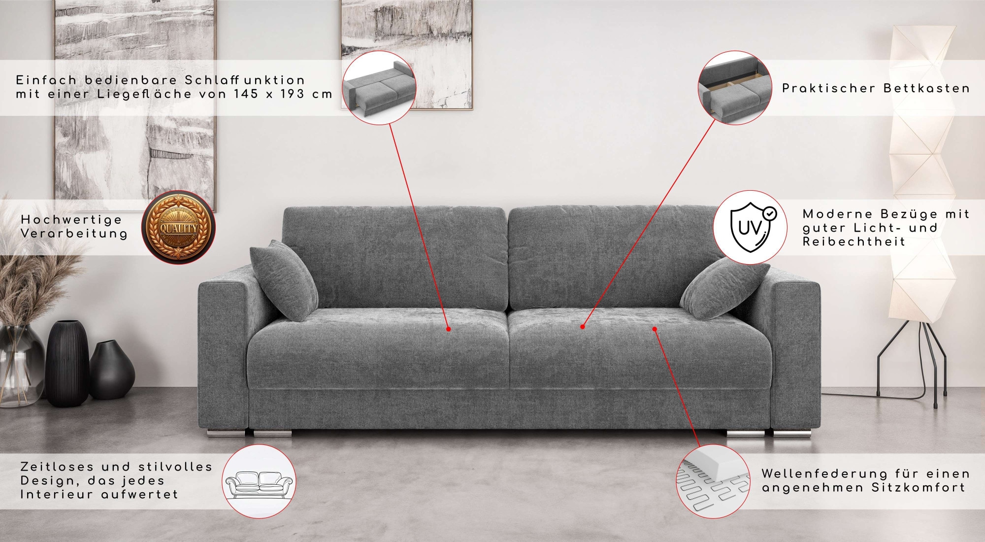 INOSIGN 3-Sitzer »Stevinson Schlafsofa mit Bettkasten, Masse B/H/T: 229/87/97 cm«, mit Wellenunterfederung, 2 Rückenkissen und 2 Zierkissen
