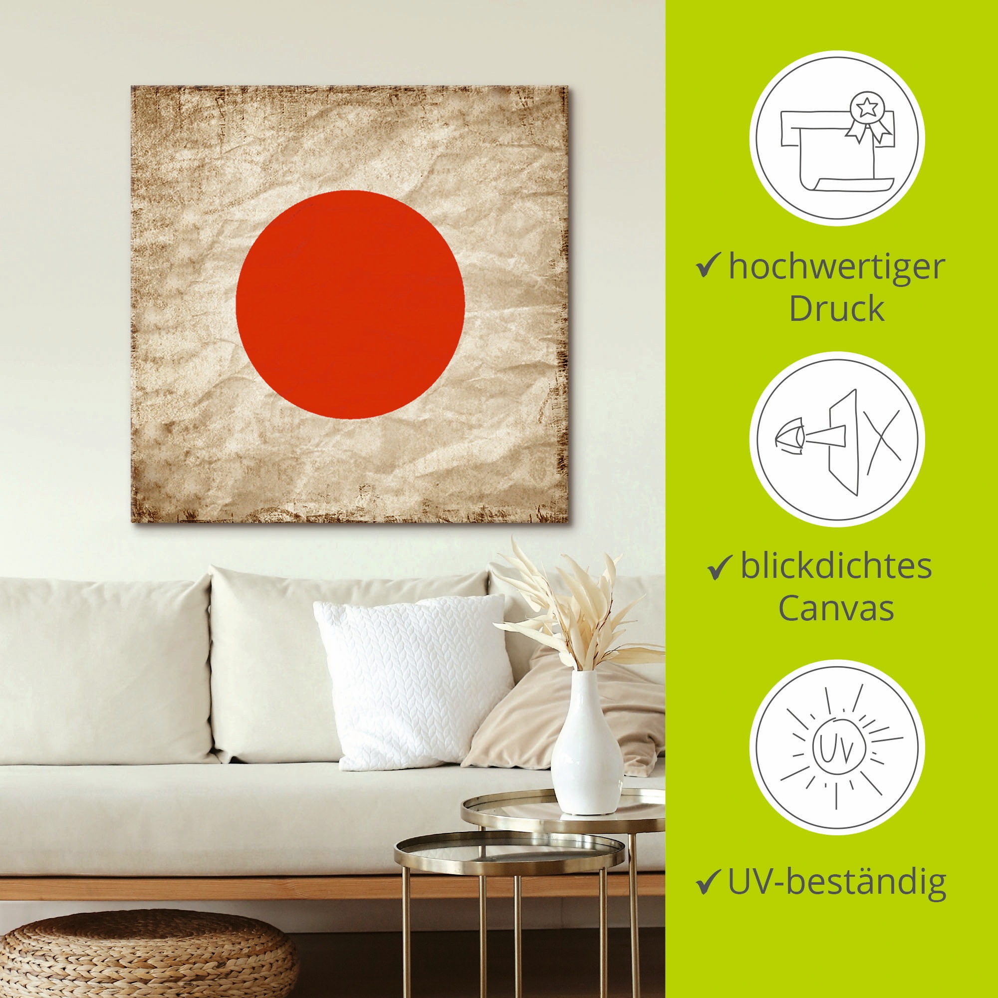 Artland Wandbild »Japanische Flagge Japan Symbol«, Zeichen, (1 St.), als Leinwandbild, Wandaufkleber in verschied. Grössen