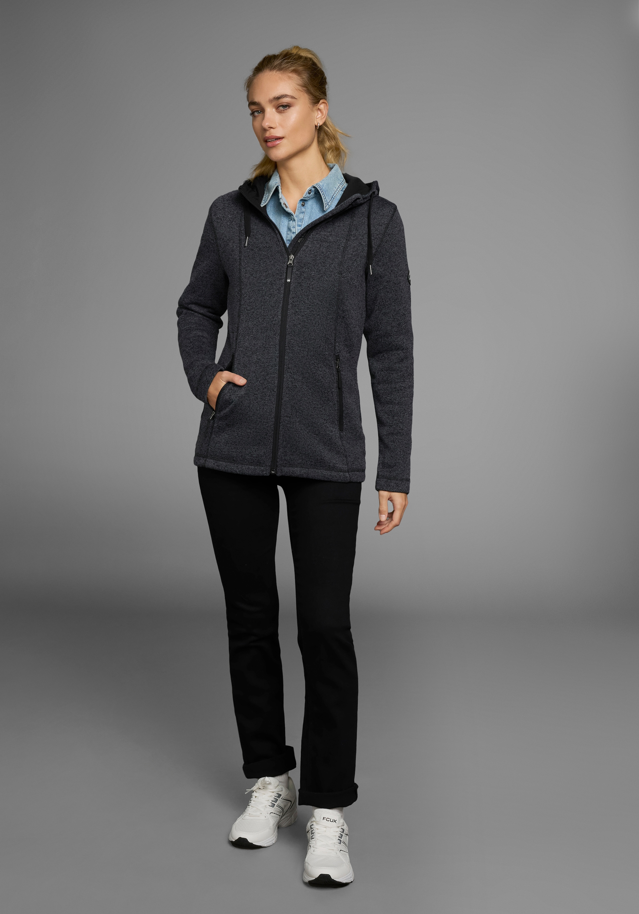 Polarino Strickfleecejacke, mit Kapuze, für kalte Tage, aus Strickfleece, sportlicher Stil