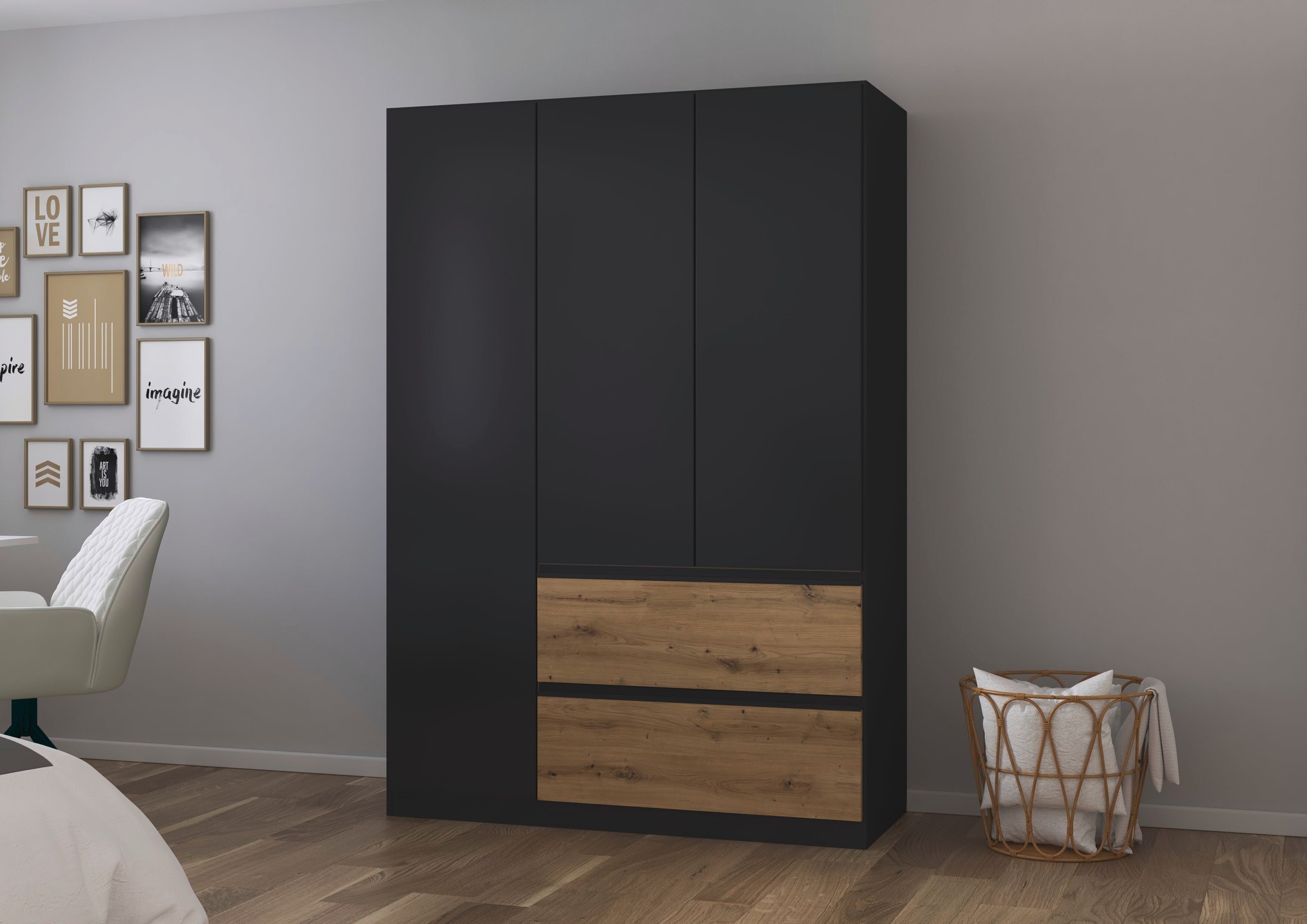 rauch Drehtürenschrank "Kleiderschrank Schrank Garderobe Wäscheschrank Schlafzimmer JOEL" in 3 verschiedenen Ausstattungen BASIC/CLASSIC/PREMIUM, mit zwei Schubladen, mit Push-to-Open Funktion MADE IN GERMANY