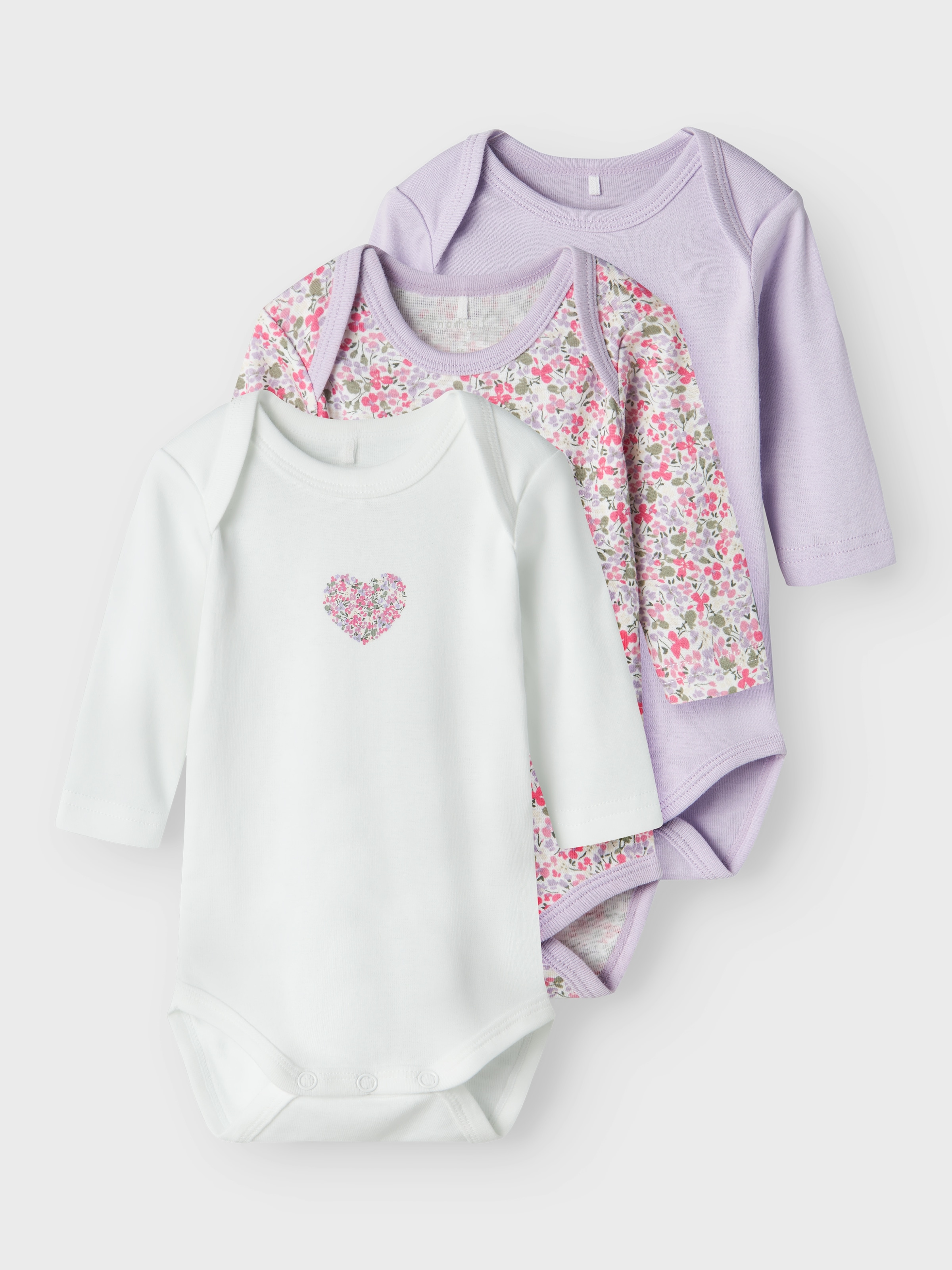 Name It Langarmbody »NBFBODY für Mädchen mit Herzprint und weicher Baumwolle« Packung, 3 Stk. bedruckt, regular fit, Baumwolle, amerikanischer Ausschnitt