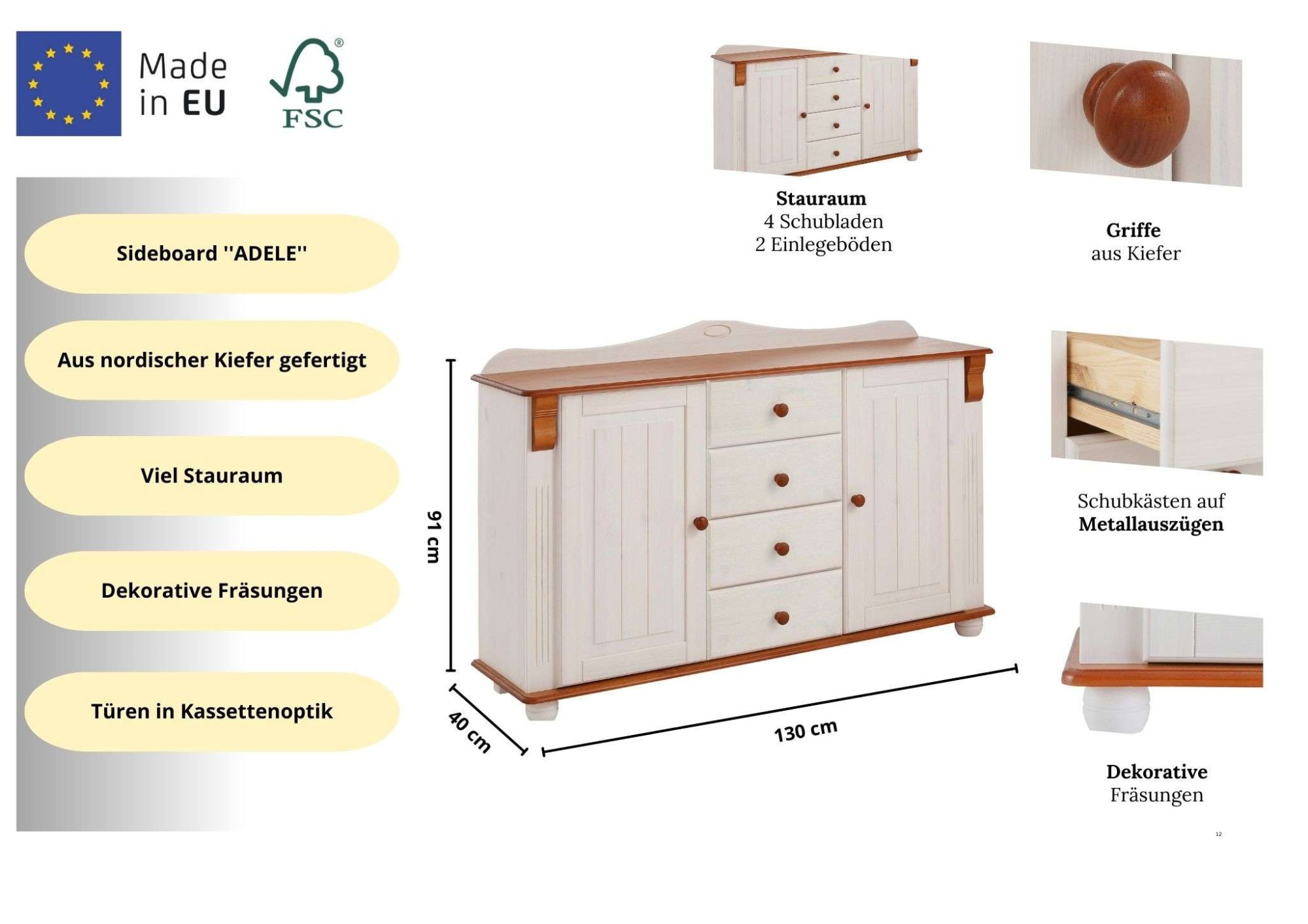 Home affaire Kommode »Sideboard, Anrichte, mit 3 Schubladen, 2 Türen«, aus massiver Kiefer, Breite 130 cm